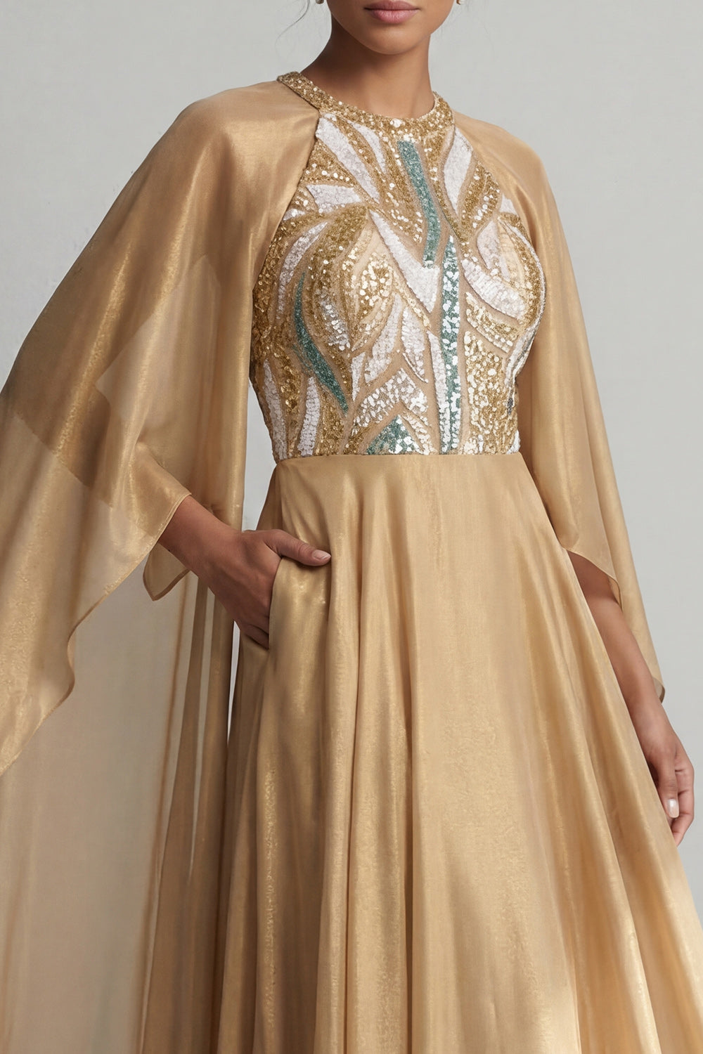 Sparkly Champagne A Line Sequin Long Mother of the Bride Dress with Cape