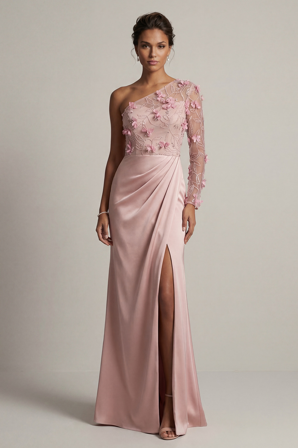Dusty Rose Ruched Mermaid Long Floral Mother of the Bride Dress with Slit