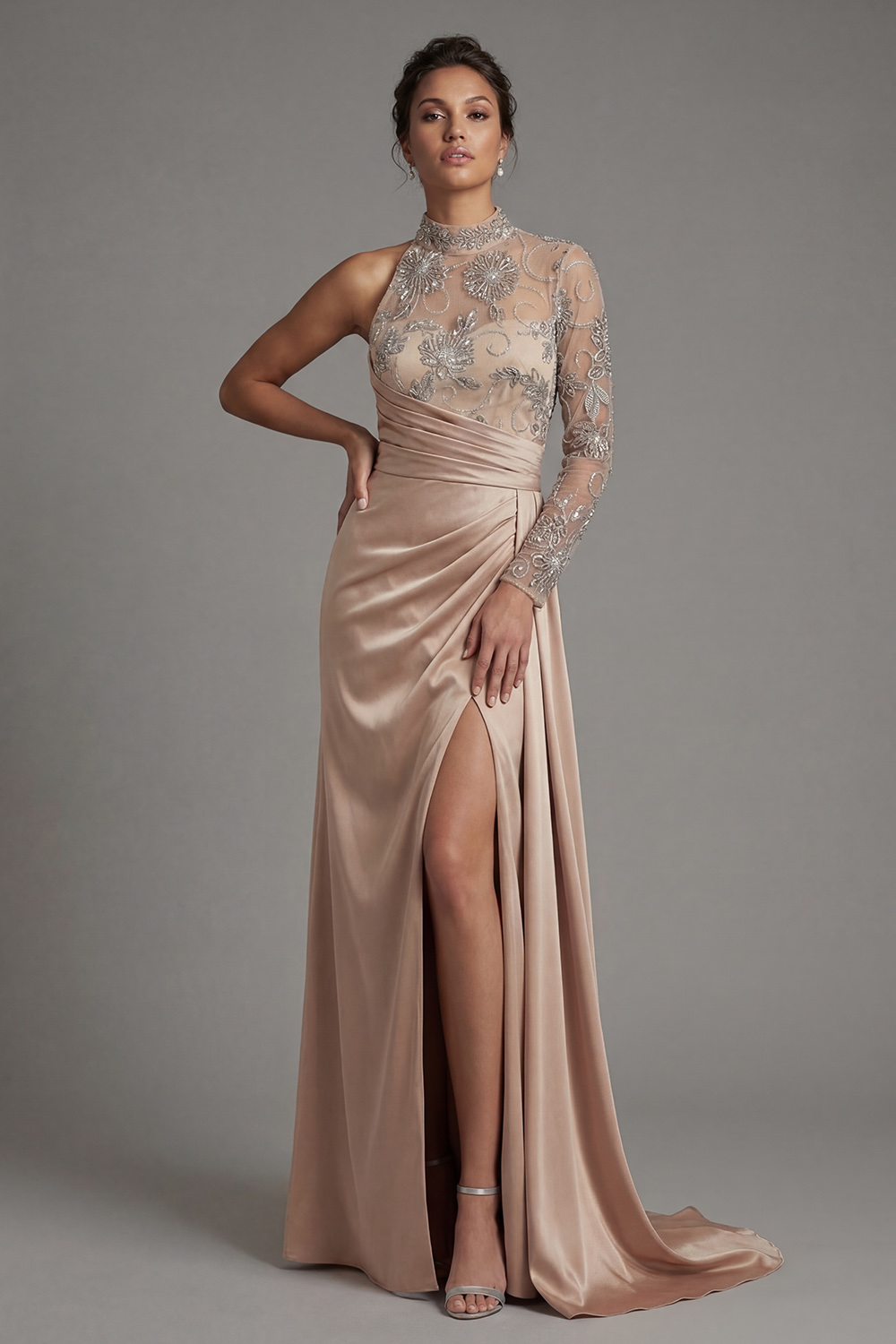 Champagne Ruched Floral Long Sheath Mother of the Bride Dress with Side Cape