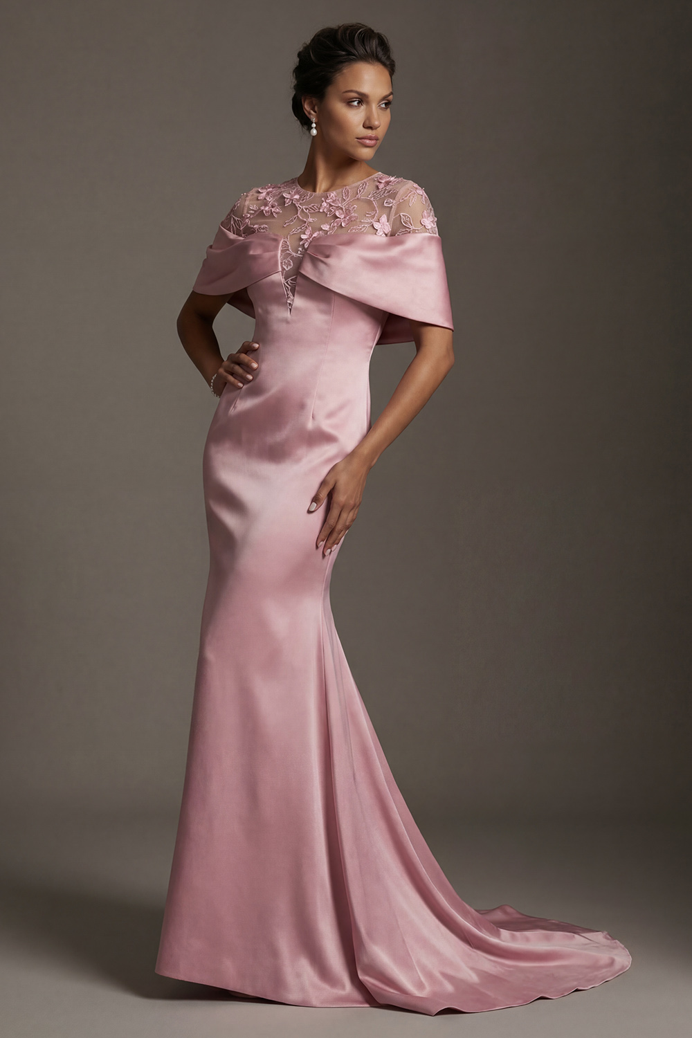 Floral Pink Round Neck Mermaid Long Mother of the Bride Dress