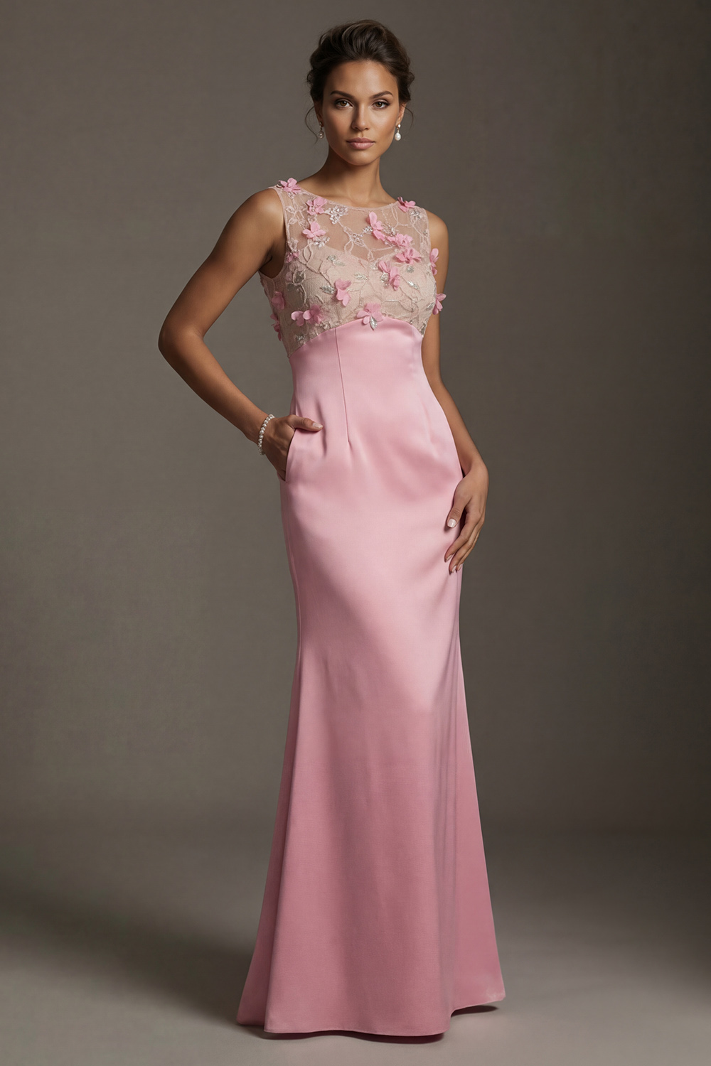 Floral Pink Mermaid Long Mother of the Bride Dress with Pocket