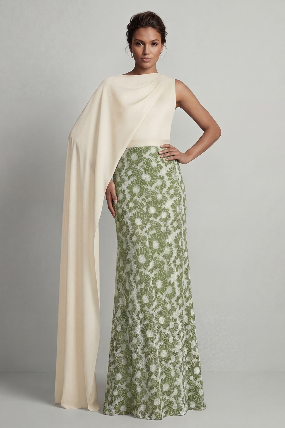 Green Mermaid Floral Long Mother of the Bride Dress with Side Cape