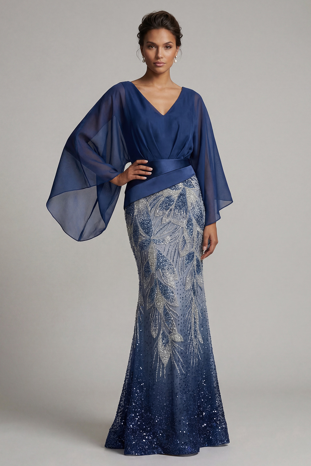 Sparkly Navy Flare Sleeves Mermaid Beaded Long Grandmother of the Bride Dress