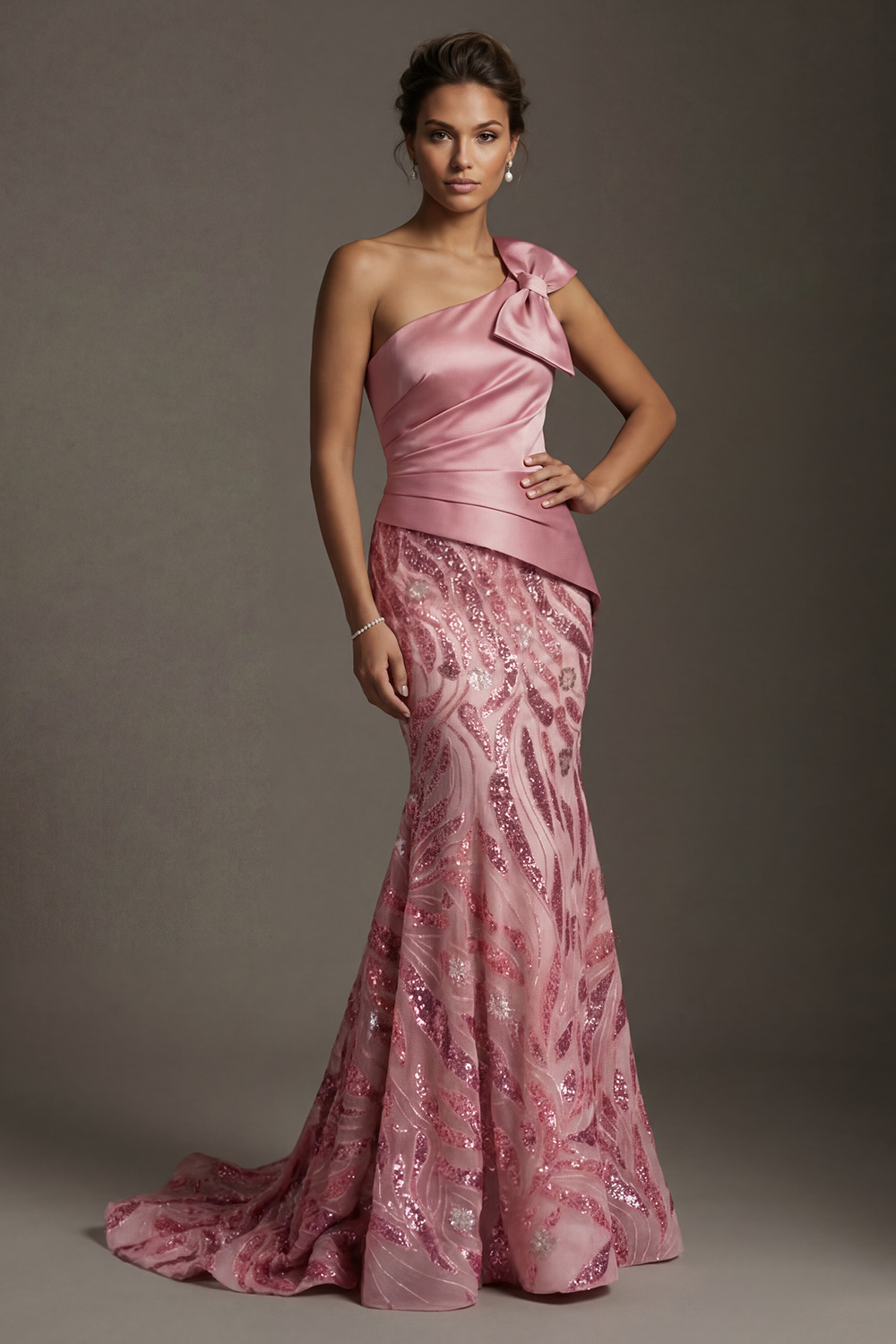 Sparkly Pink Ruched Mermaid Sequin Long Mother of the Bride Dress with Bow