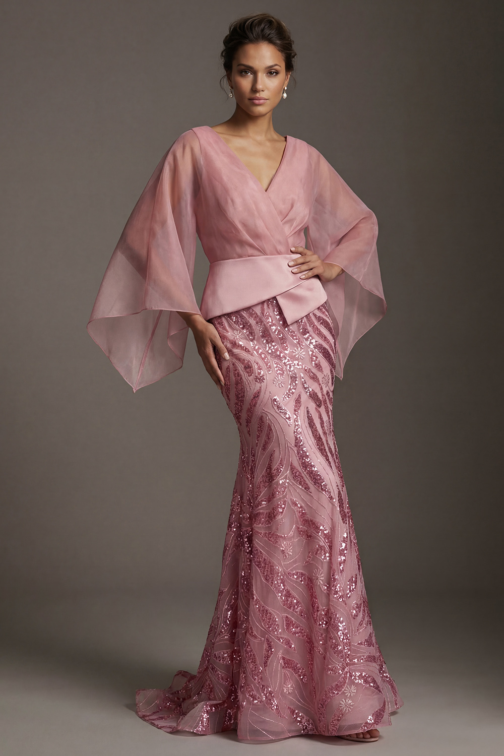 Sparkly Pink Mermaid Sequin Flare Sleeves Long Mother of the Bride Dress