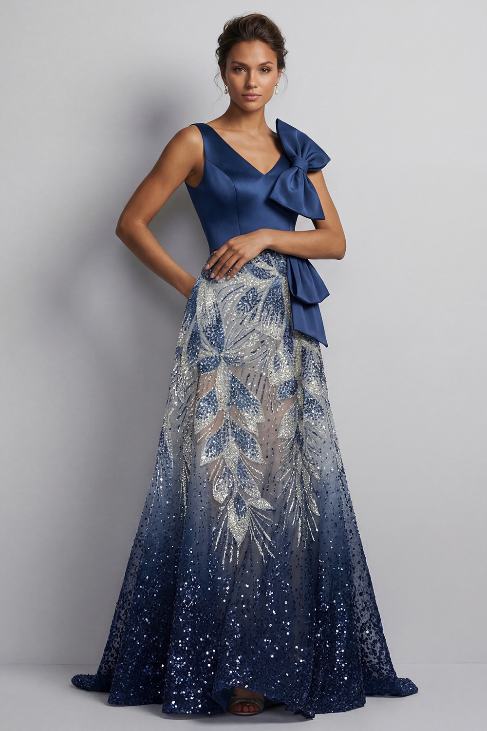 Sparkly Navy A Line Long Beaded Mother of the Bride Dress with Bow