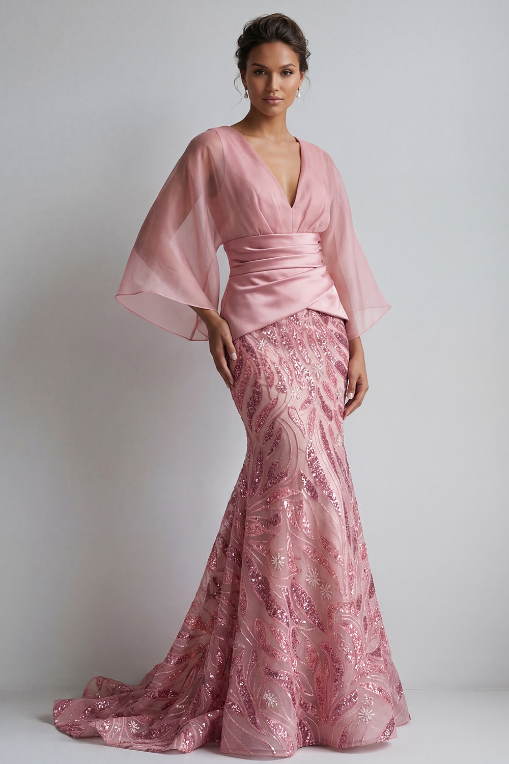 Sparkly Pink Sequin Mermaid Long Ruched Mother of the Bride Dress