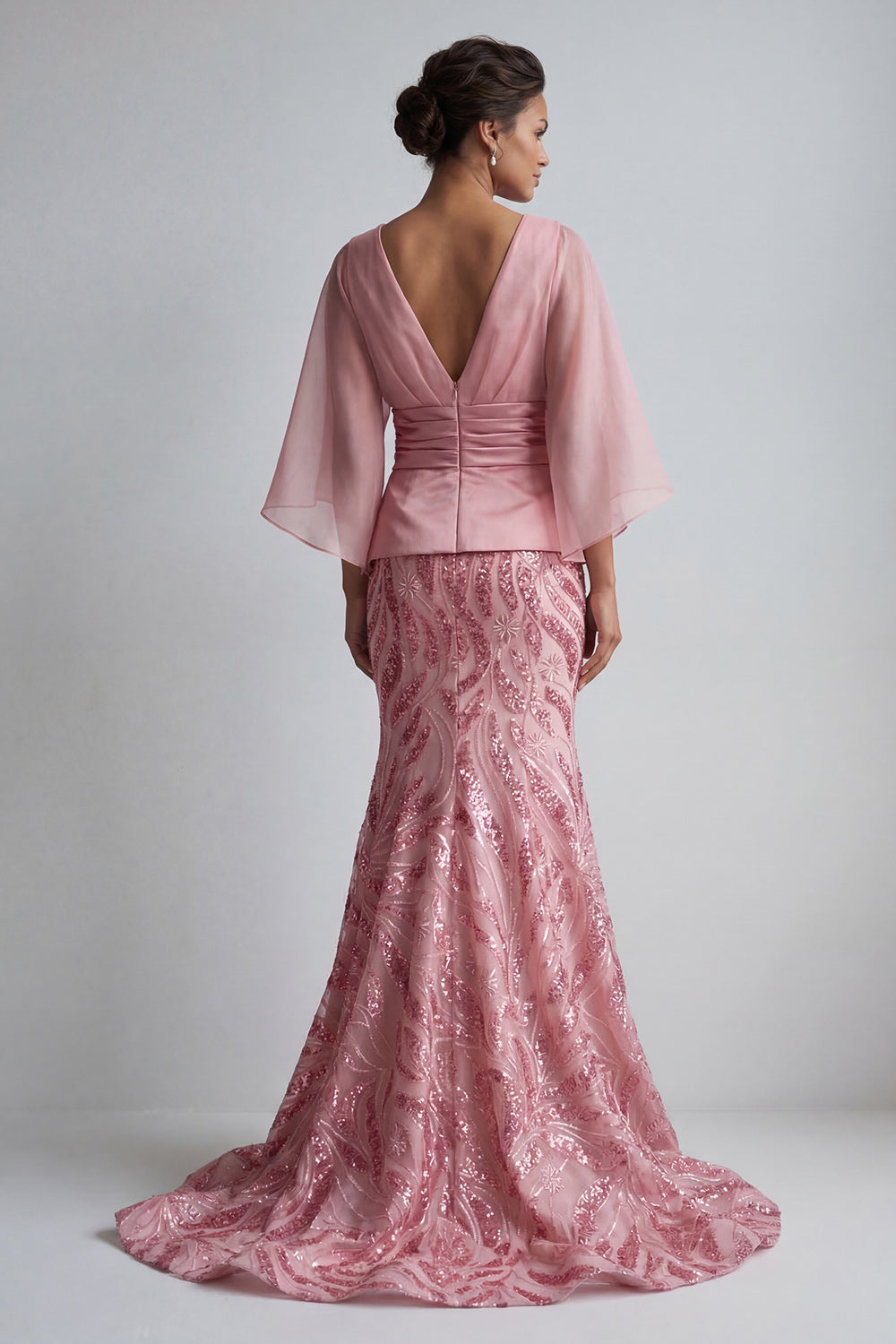 Sparkly Pink Sequin Mermaid Long Ruched Mother of the Bride Dress