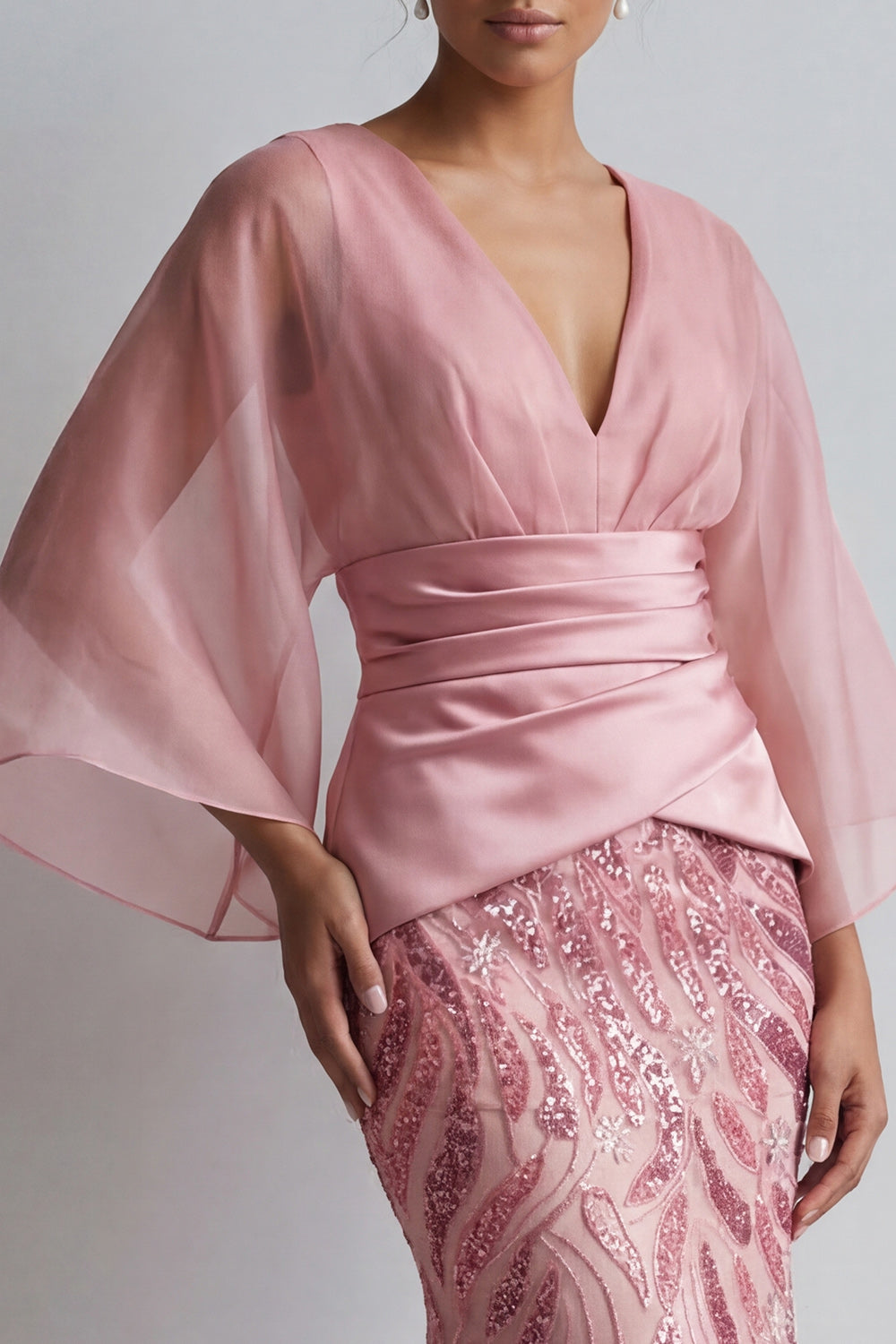 Sparkly Pink Sequin Mermaid Long Ruched Mother of the Bride Dress