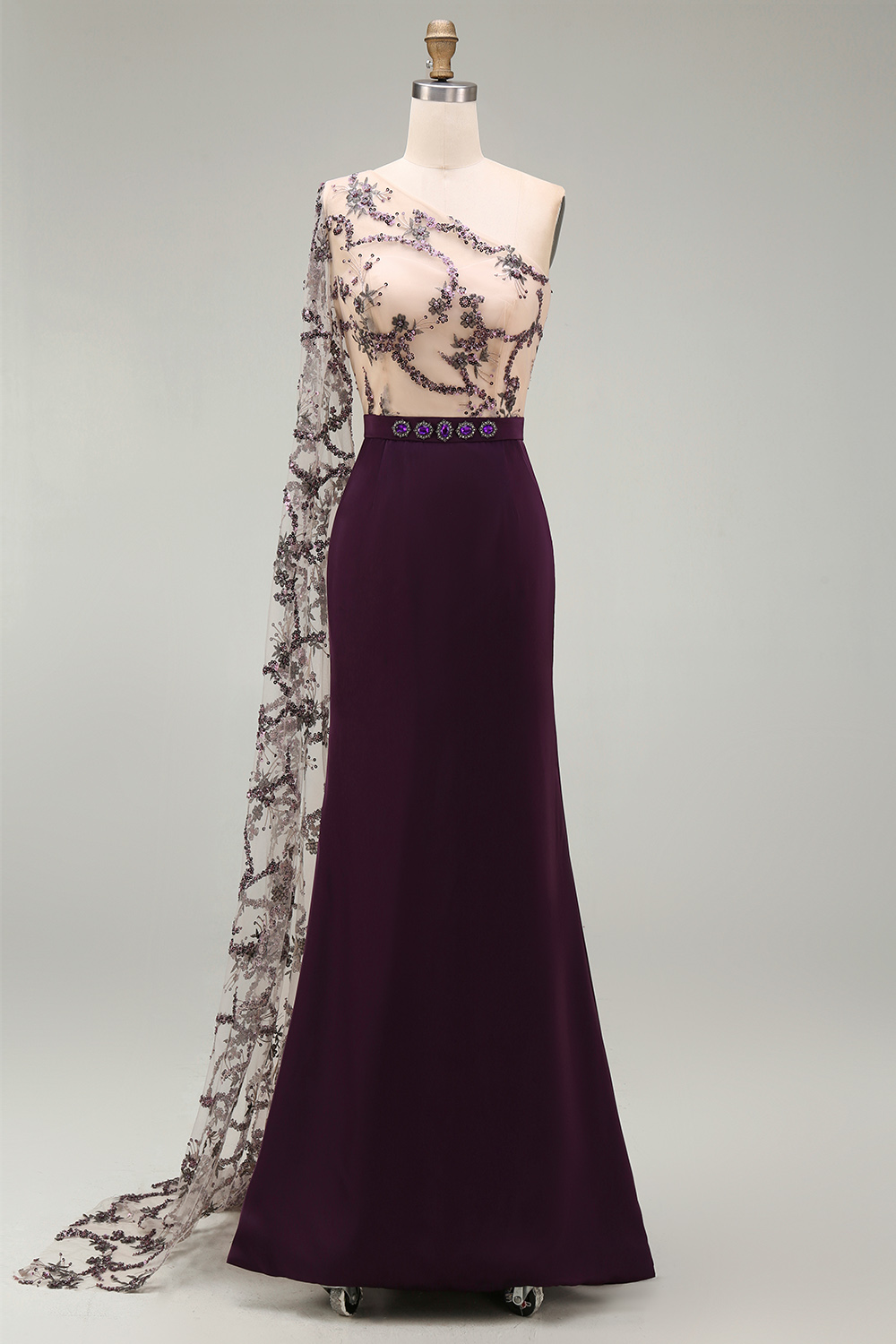 Sparkly Dark Purple Mermaid Long Sequin Floral Mother of the Bride Dress with Side Cape