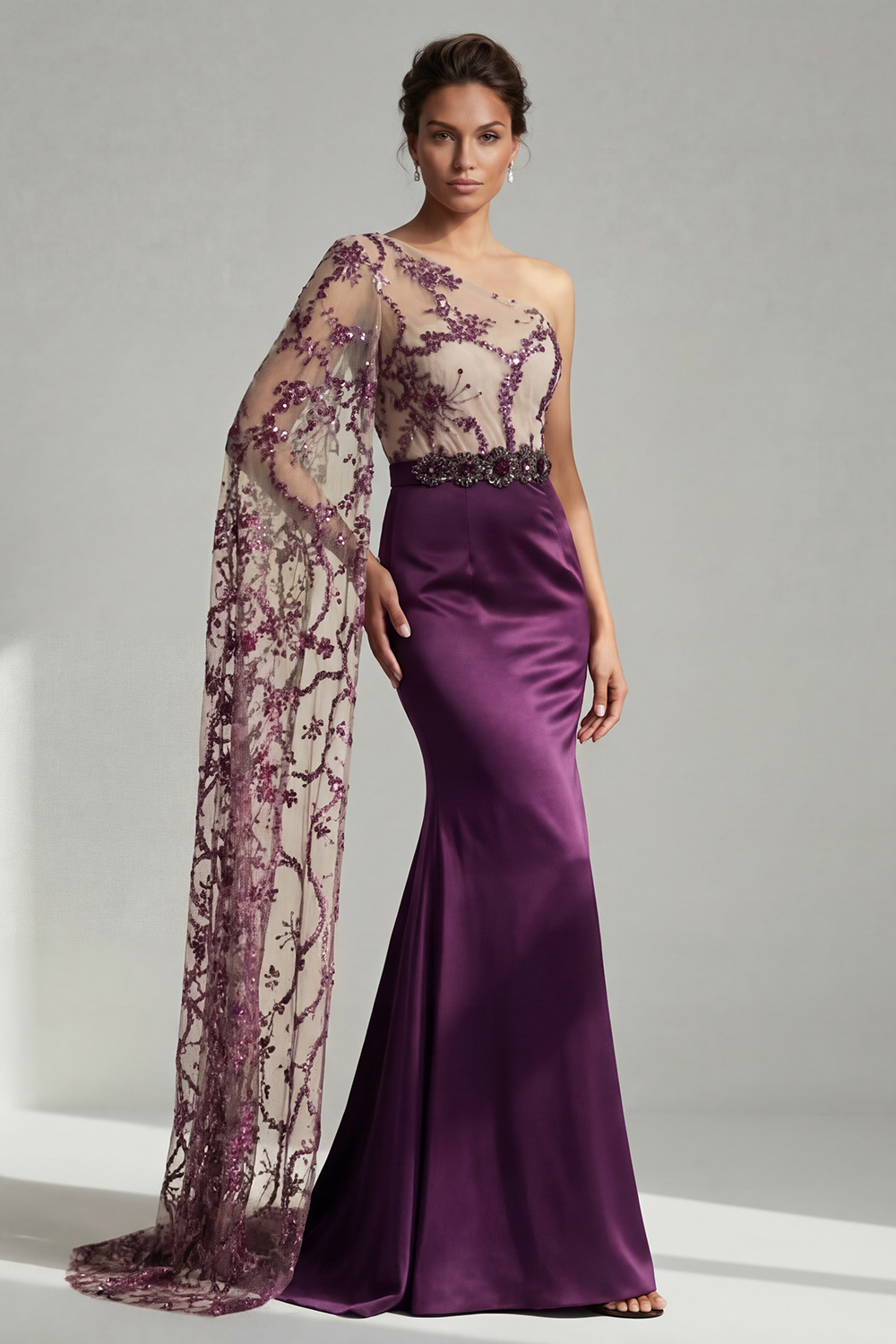 Sparkly Dark Purple Mermaid Long Sequin Floral Mother of the Bride Dress with Side Cape