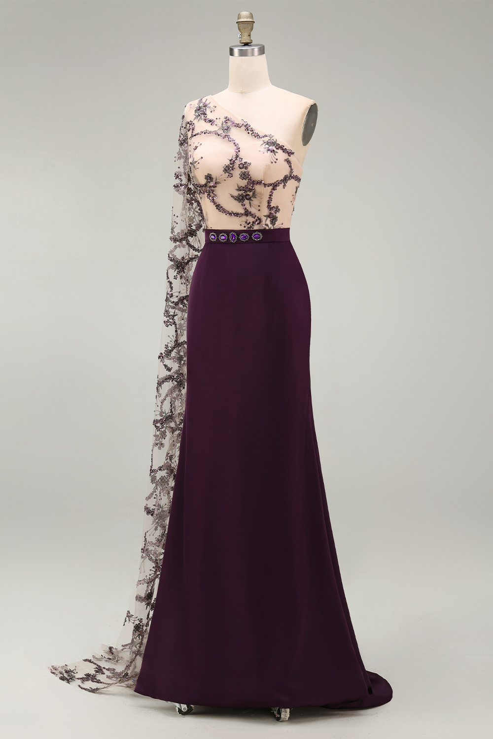 Sparkly Dark Purple Mermaid Long Sequin Floral Mother of the Bride Dress with Side Cape