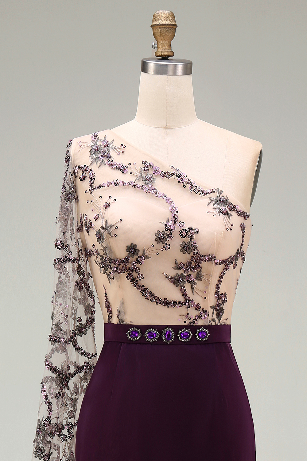 Sparkly Dark Purple Mermaid Long Sequin Floral Mother of the Bride Dress with Side Cape