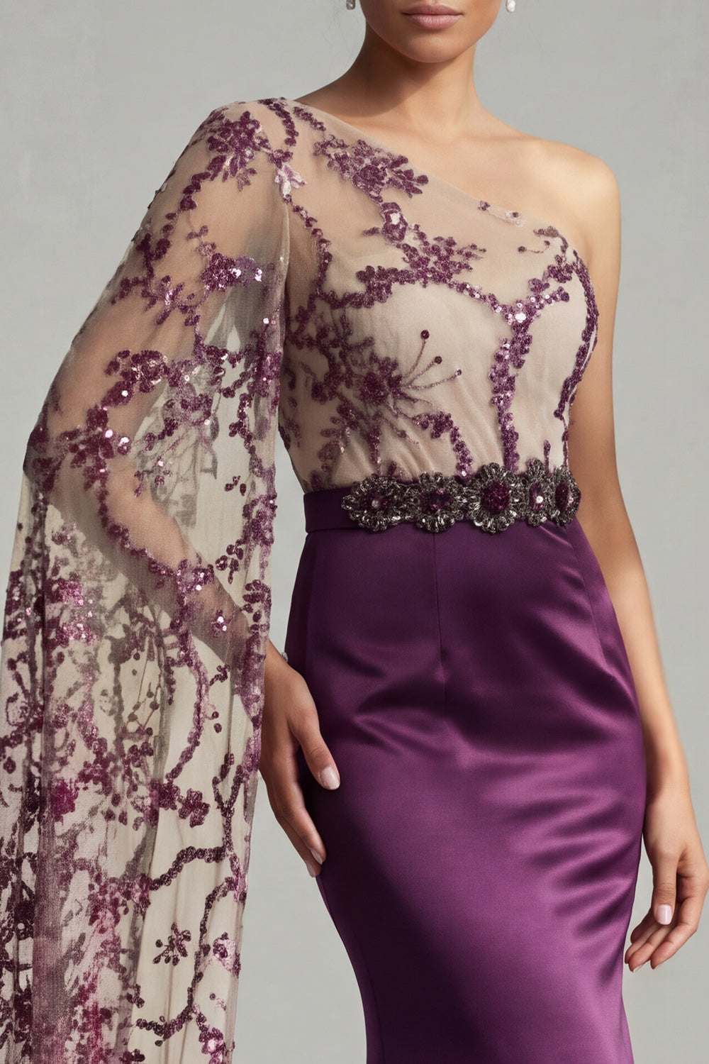 Sparkly Dark Purple Mermaid Long Sequin Floral Mother of the Bride Dress with Side Cape