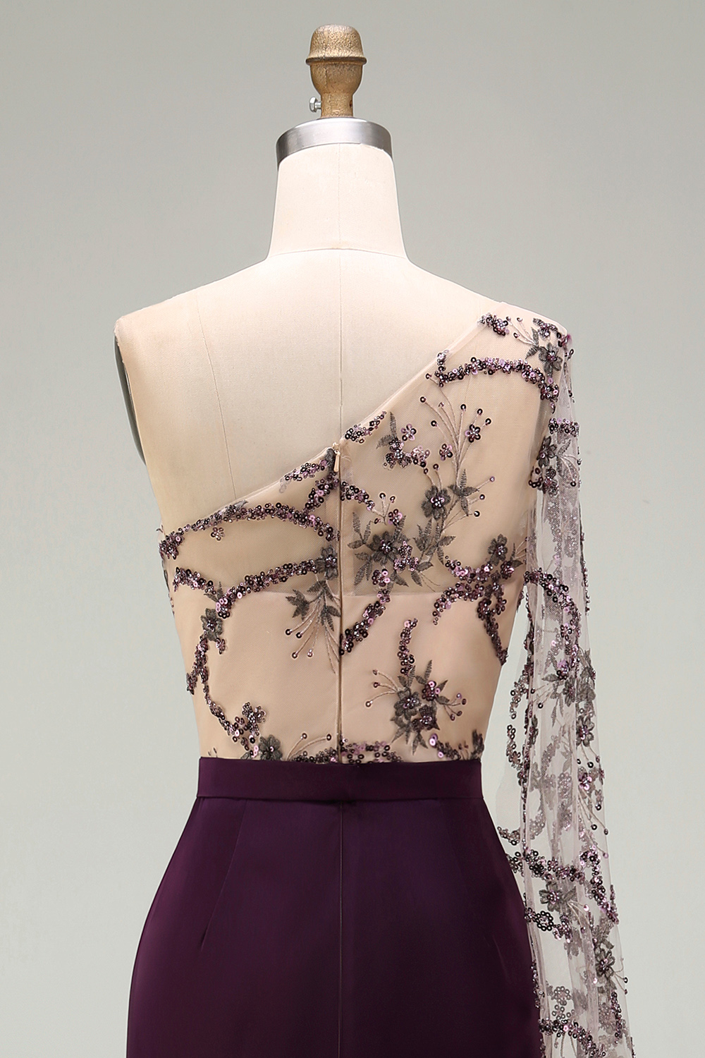 Sparkly Dark Purple Mermaid Long Sequin Floral Mother of the Bride Dress with Side Cape