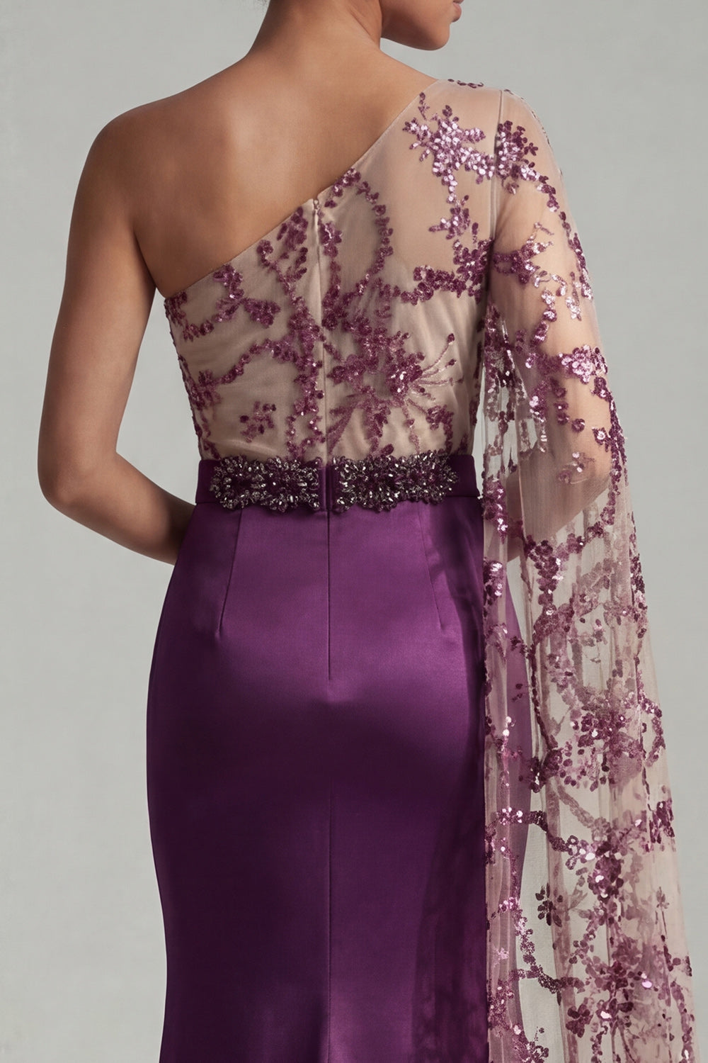 Sparkly Dark Purple Mermaid Long Sequin Floral Mother of the Bride Dress with Side Cape