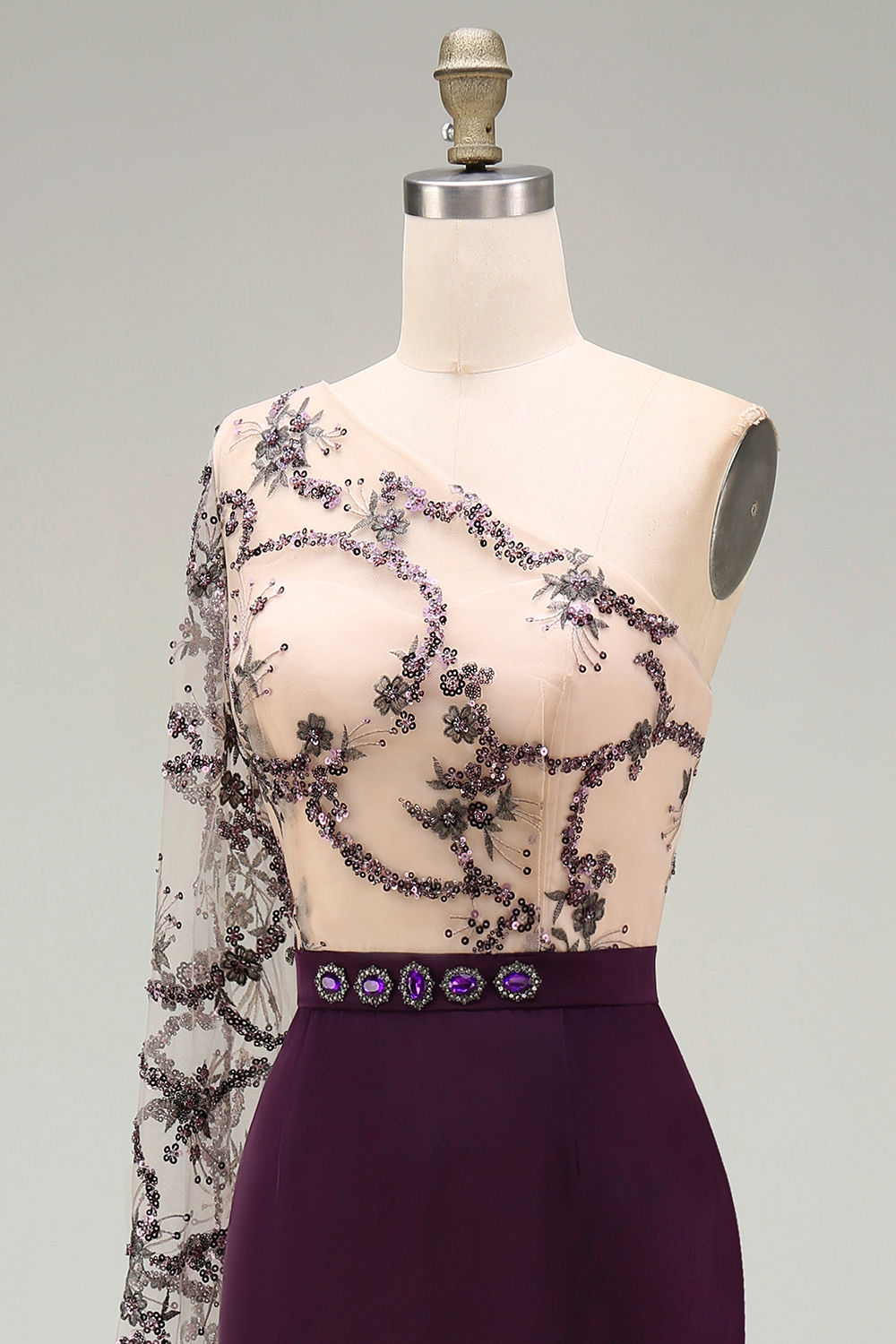 Sparkly Dark Purple Mermaid Long Sequin Floral Mother of the Bride Dress with Side Cape
