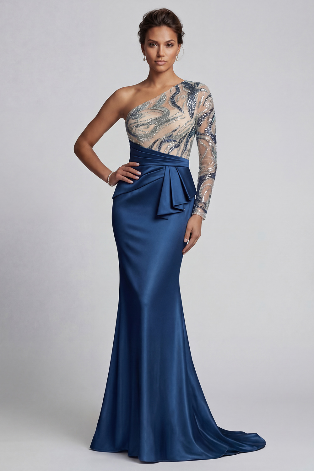 Sparkly Navy Beaded Long Ruched Mermaid Mother of the Bride Dress