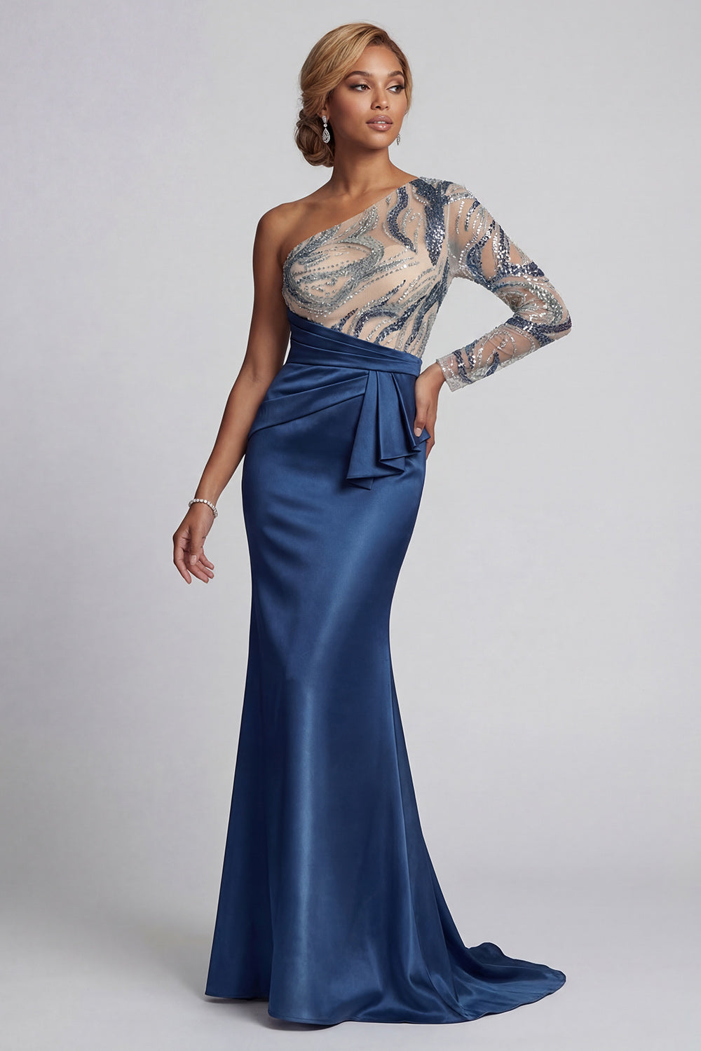 Sparkly Navy Beaded Long Ruched Mermaid Mother of the Bride Dress