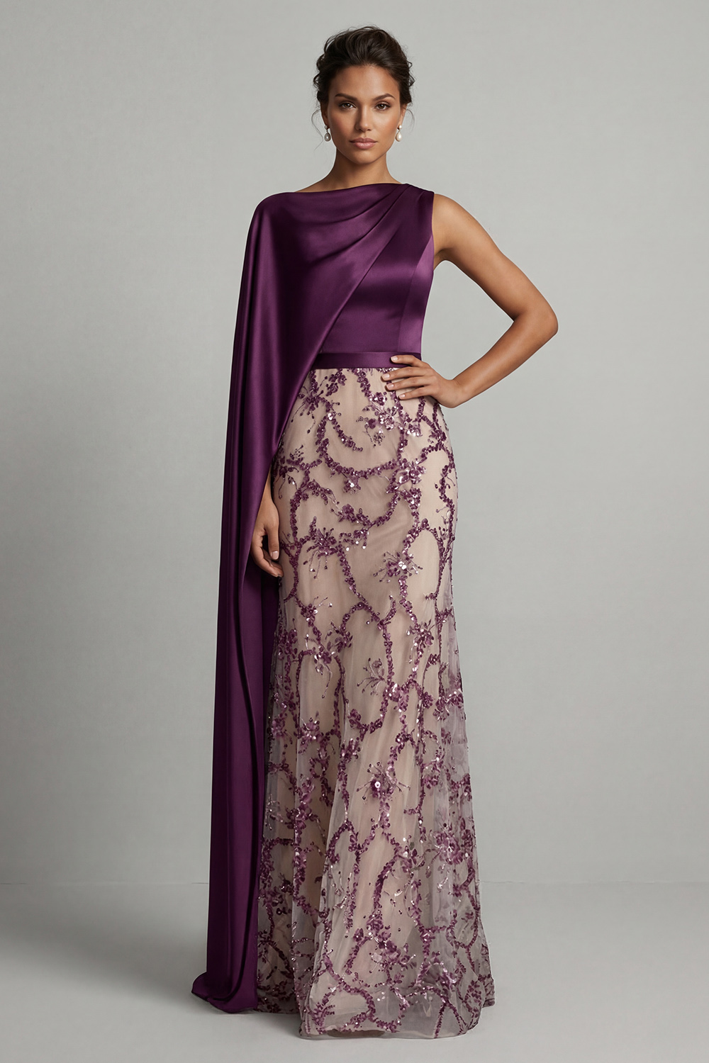 Sparkly Dark Purple Beaded Mermaid Long Grandmother of the Bride Dress with Side Cape