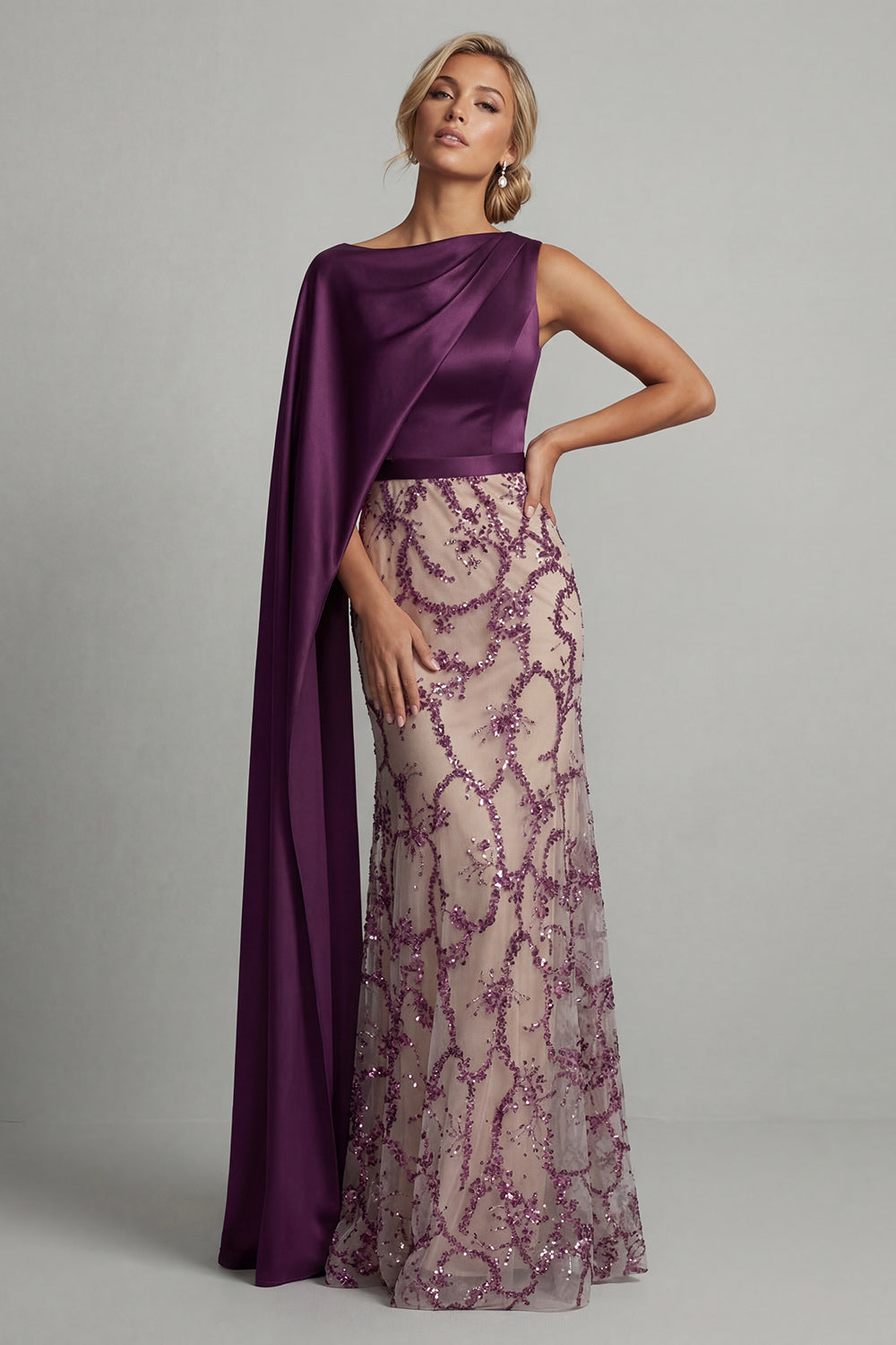 Sparkly Dark Purple Beaded Mermaid Long Grandmother of the Bride Dress with Side Cape