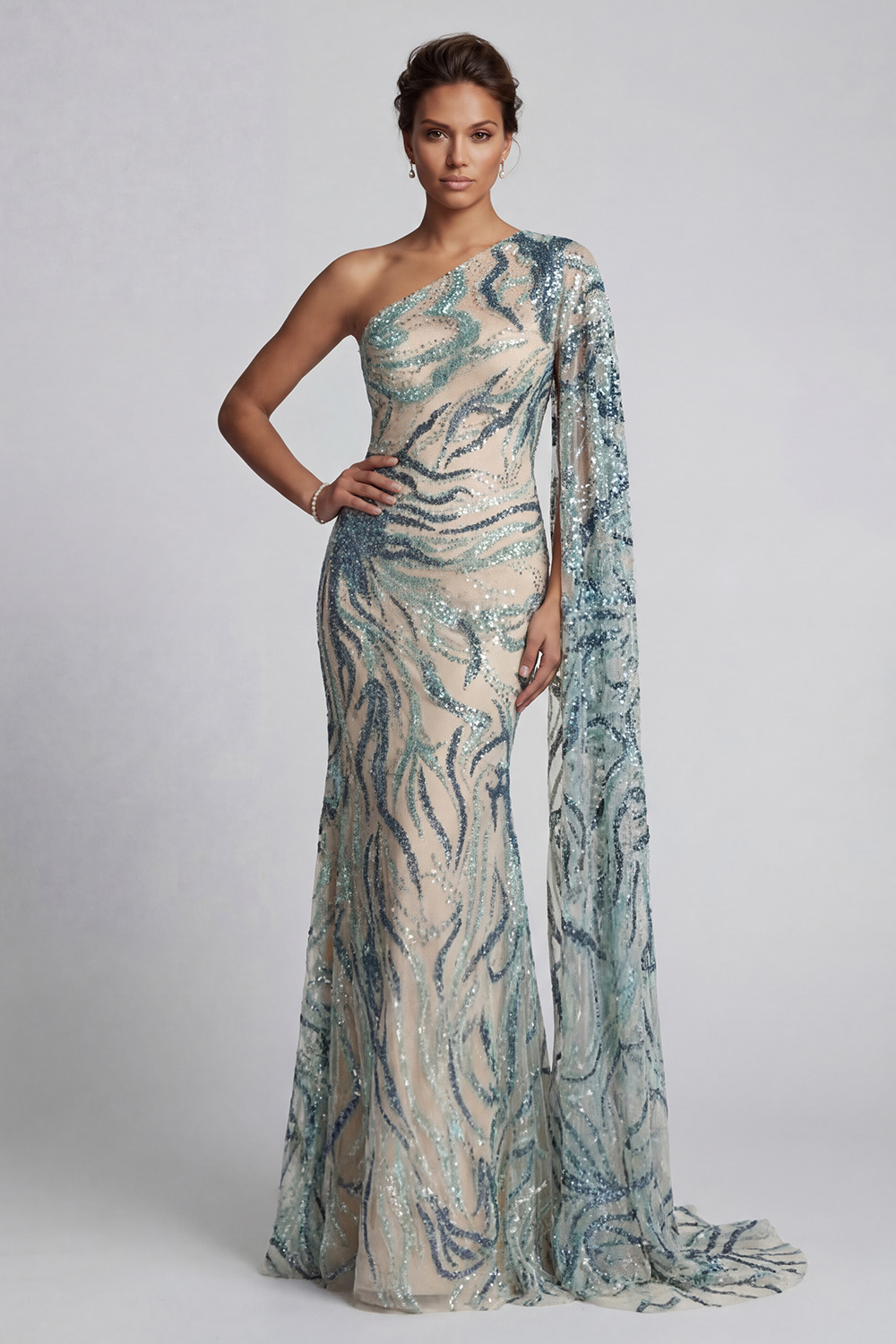 Sparkly Light Blue Long Mermaid Beaded Mother of the Bride Dress with Side Cape