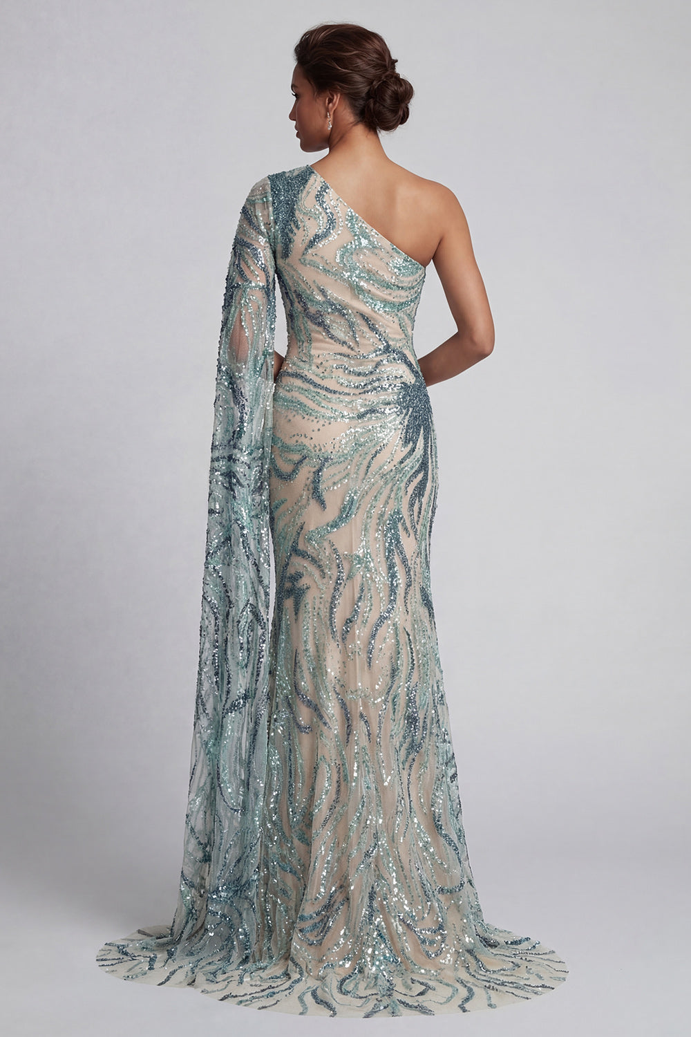Sparkly Light Blue Long Mermaid Beaded Mother of the Bride Dress with Side Cape