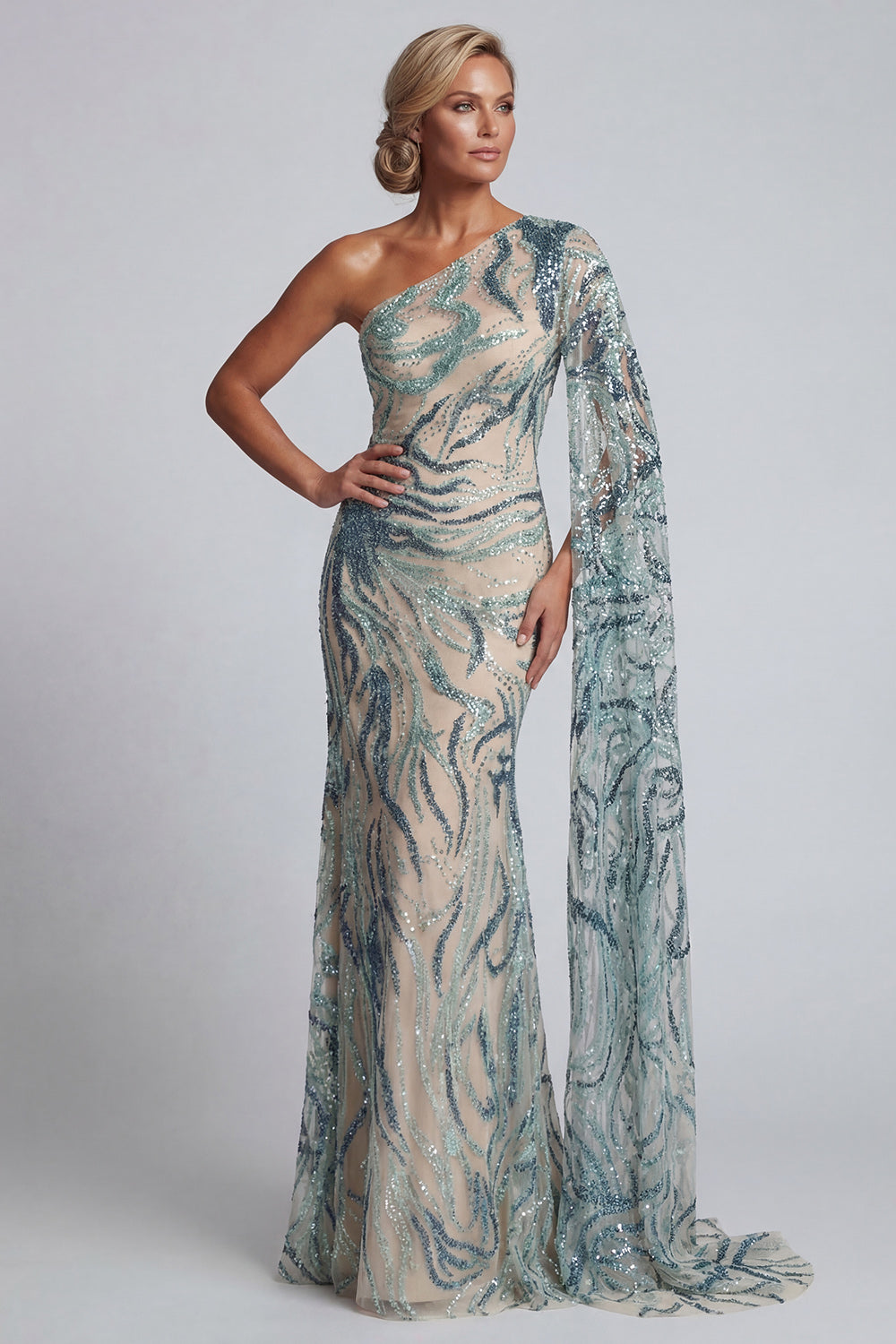 Sparkly Light Blue Long Mermaid Beaded Mother of the Bride Dress with Side Cape