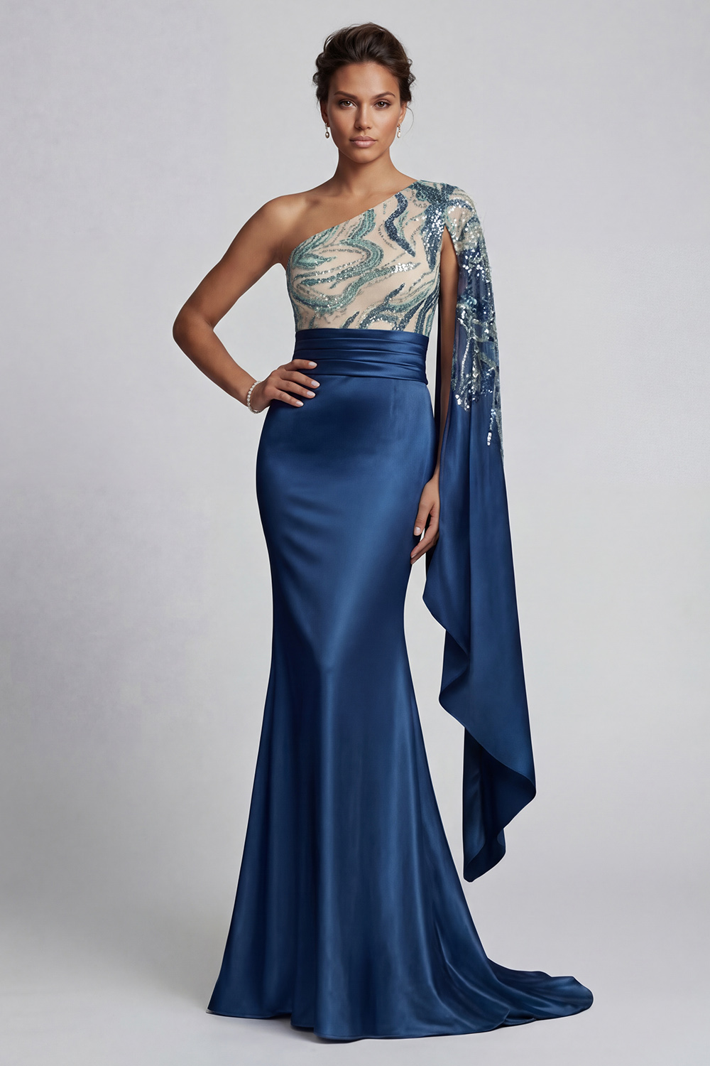Sparkly Navy Mermaid Beaded Long Mother of the Bride Dress with Side Cape