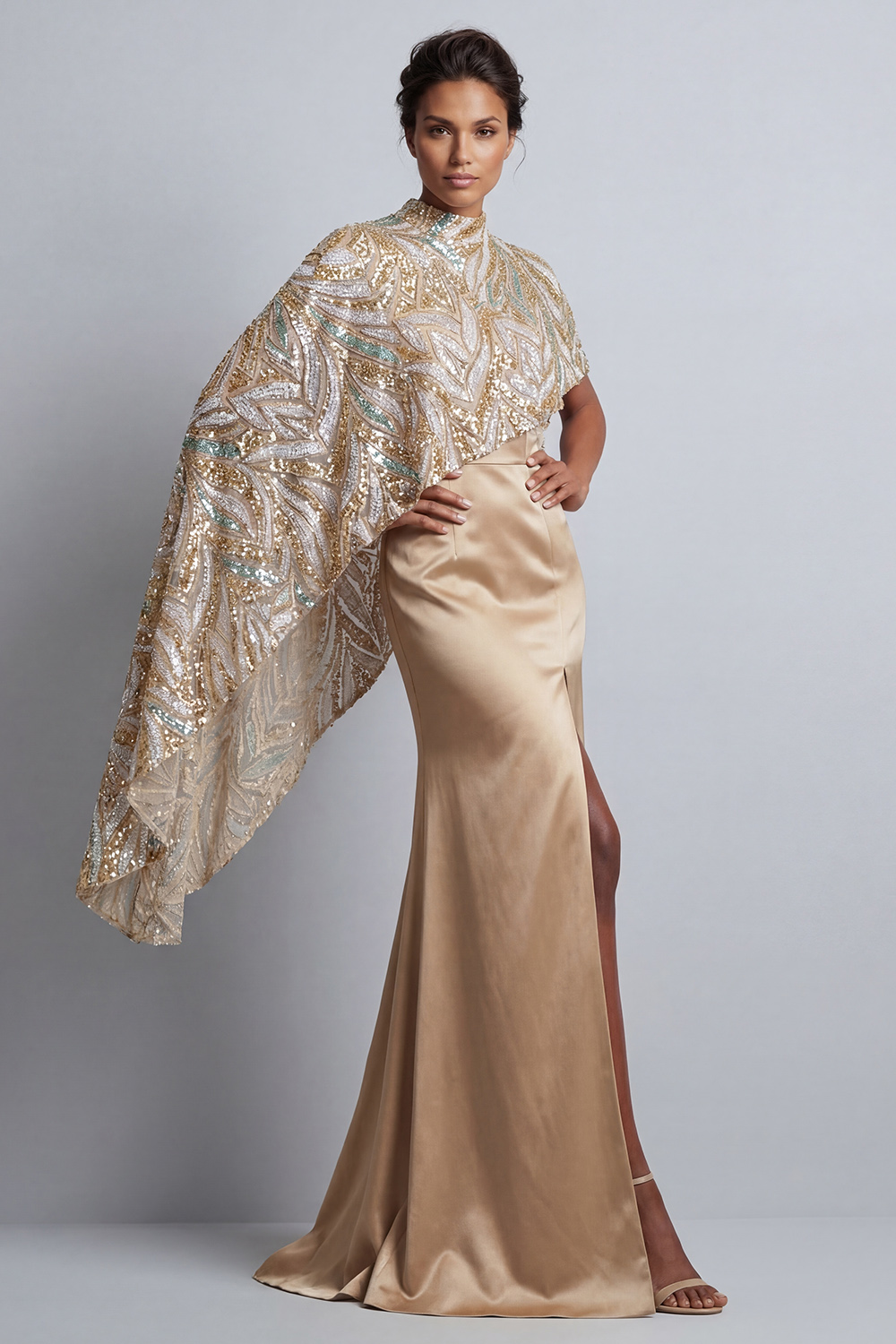 Champagne Sparkly Long Mermaid Beaded Mother of the Bride Dress with Cape