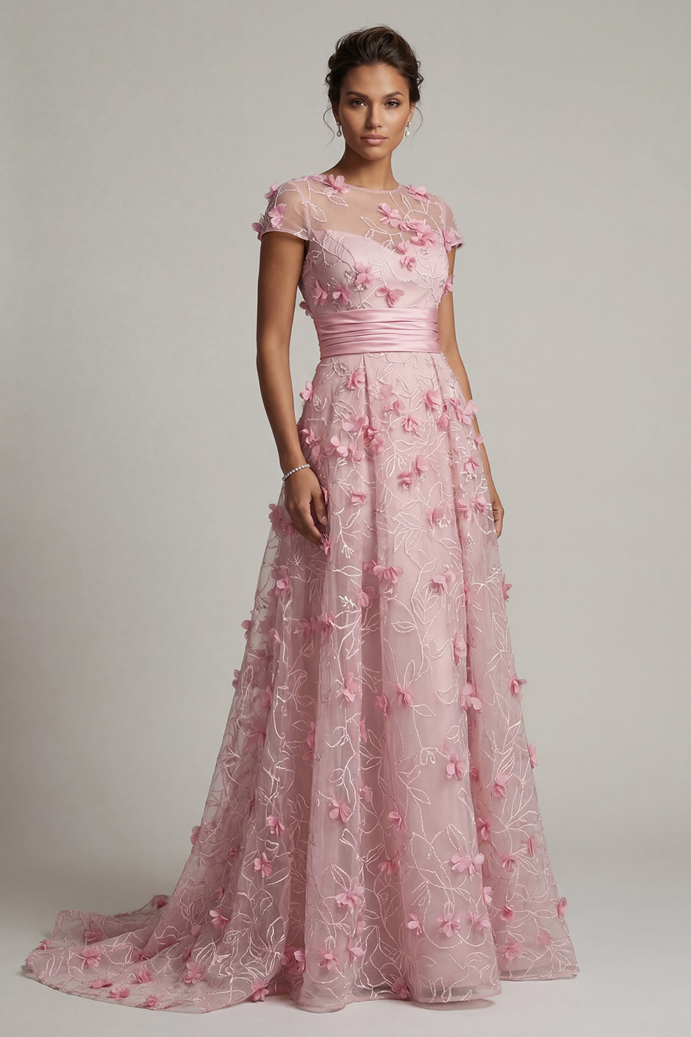 Pink A Line Long Floral Short Sleeves Mother of the Bride Dress