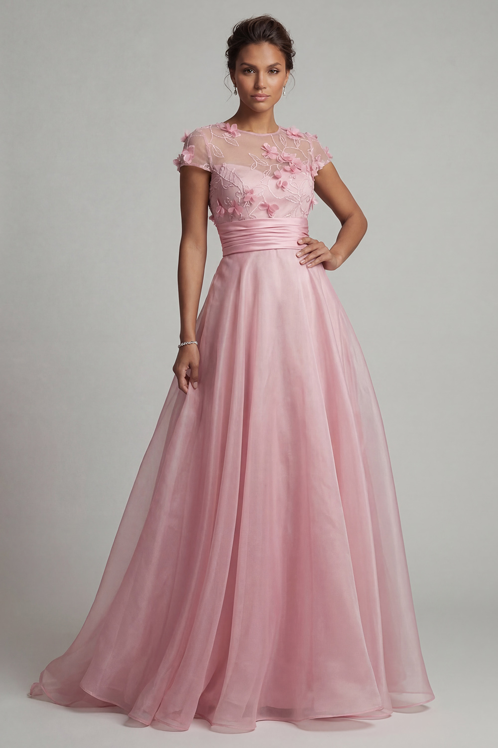 Pink Floral Short Sleeves Long A Line Mother of the Bride Dress