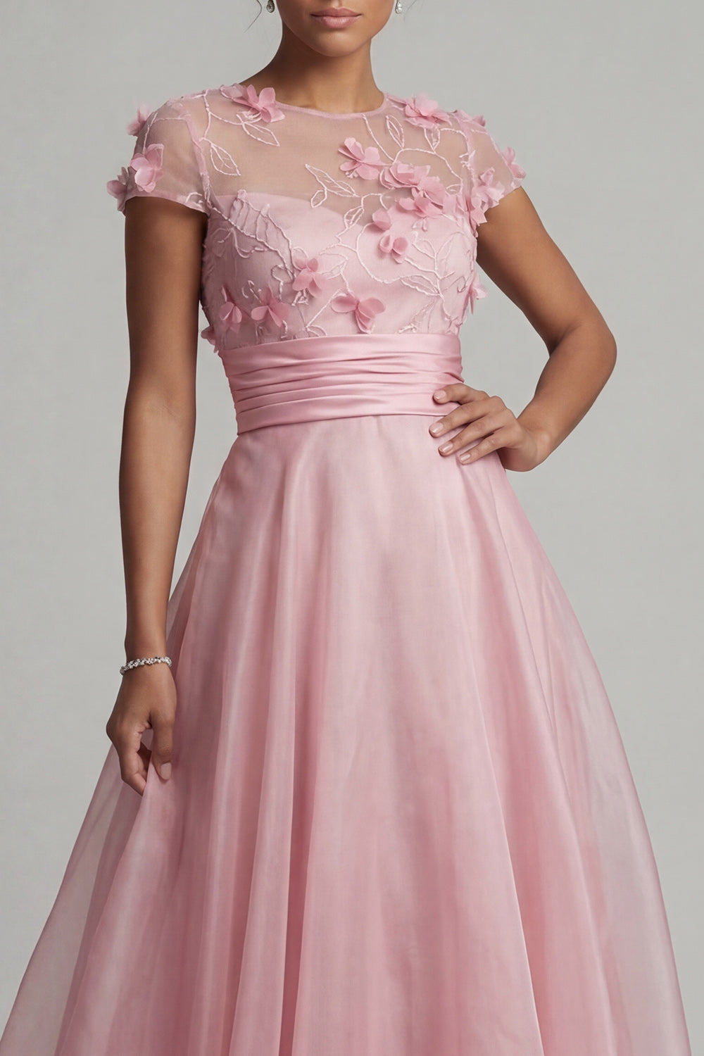 Pink Floral Short Sleeves Long A Line Mother of the Bride Dress