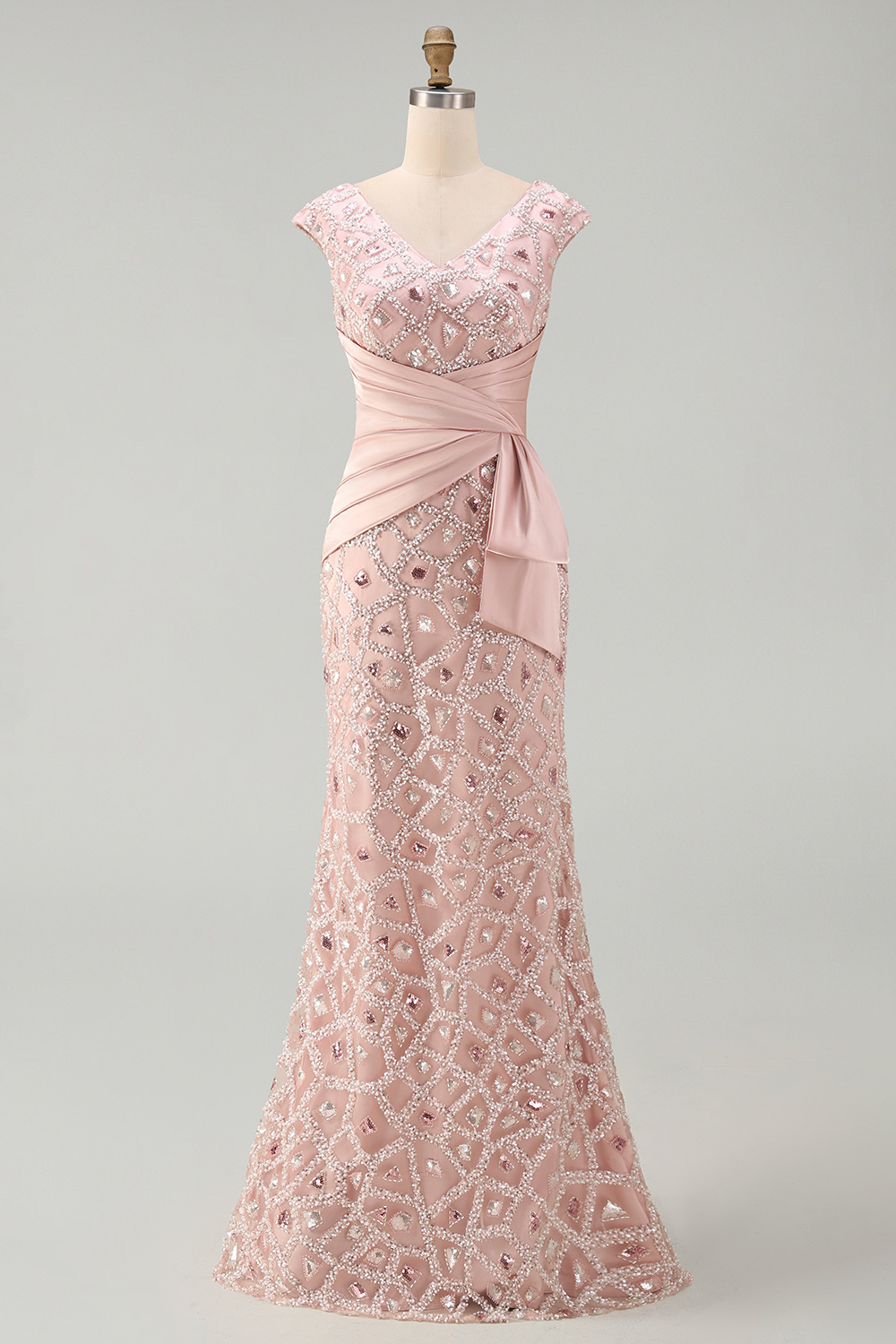 Sparkly Blush Beaded V-Neck Mermaid Ruched Long Mother of the Bride Dress