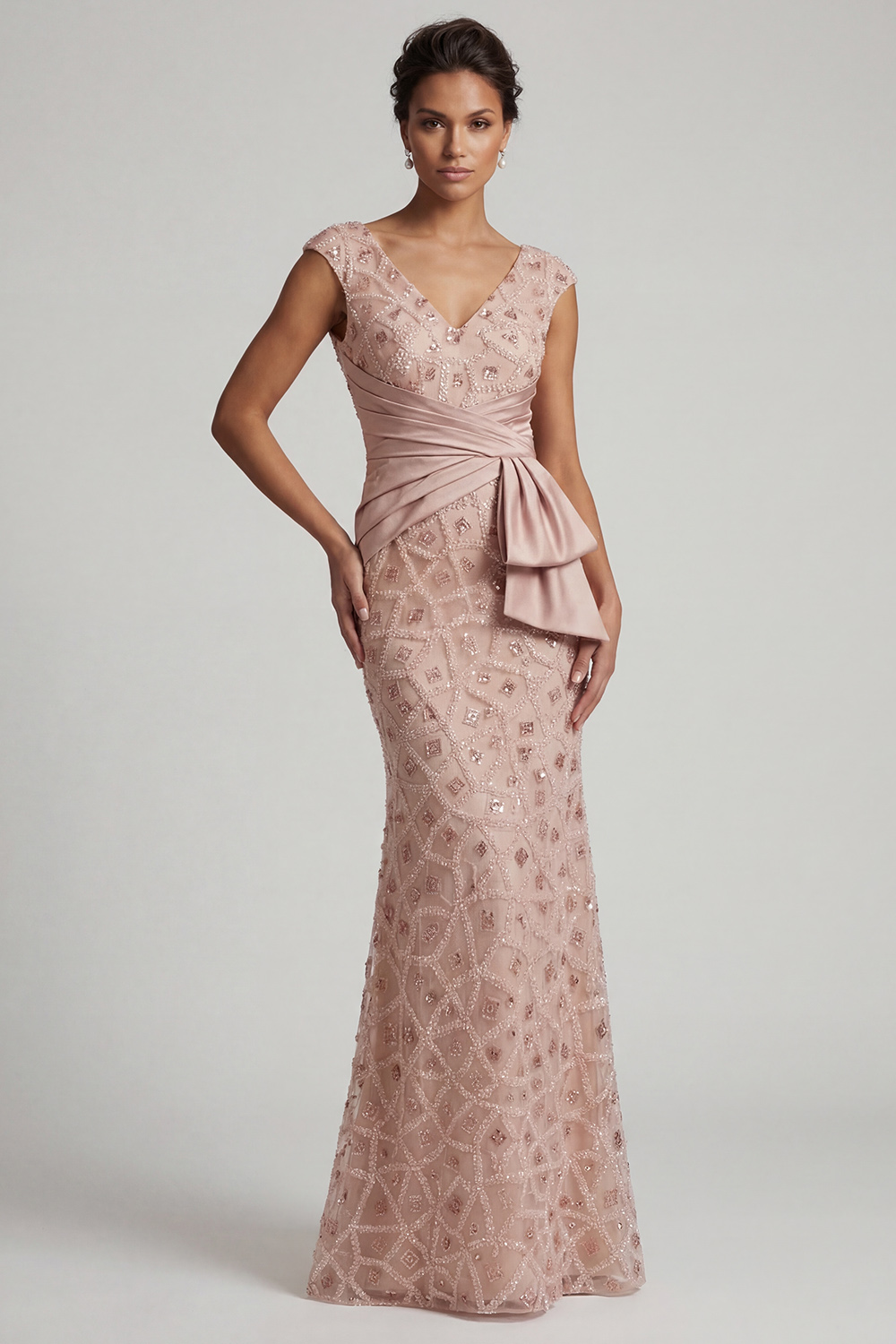 Sparkly Blush Beaded V-Neck Mermaid Ruched Long Mother of the Bride Dress
