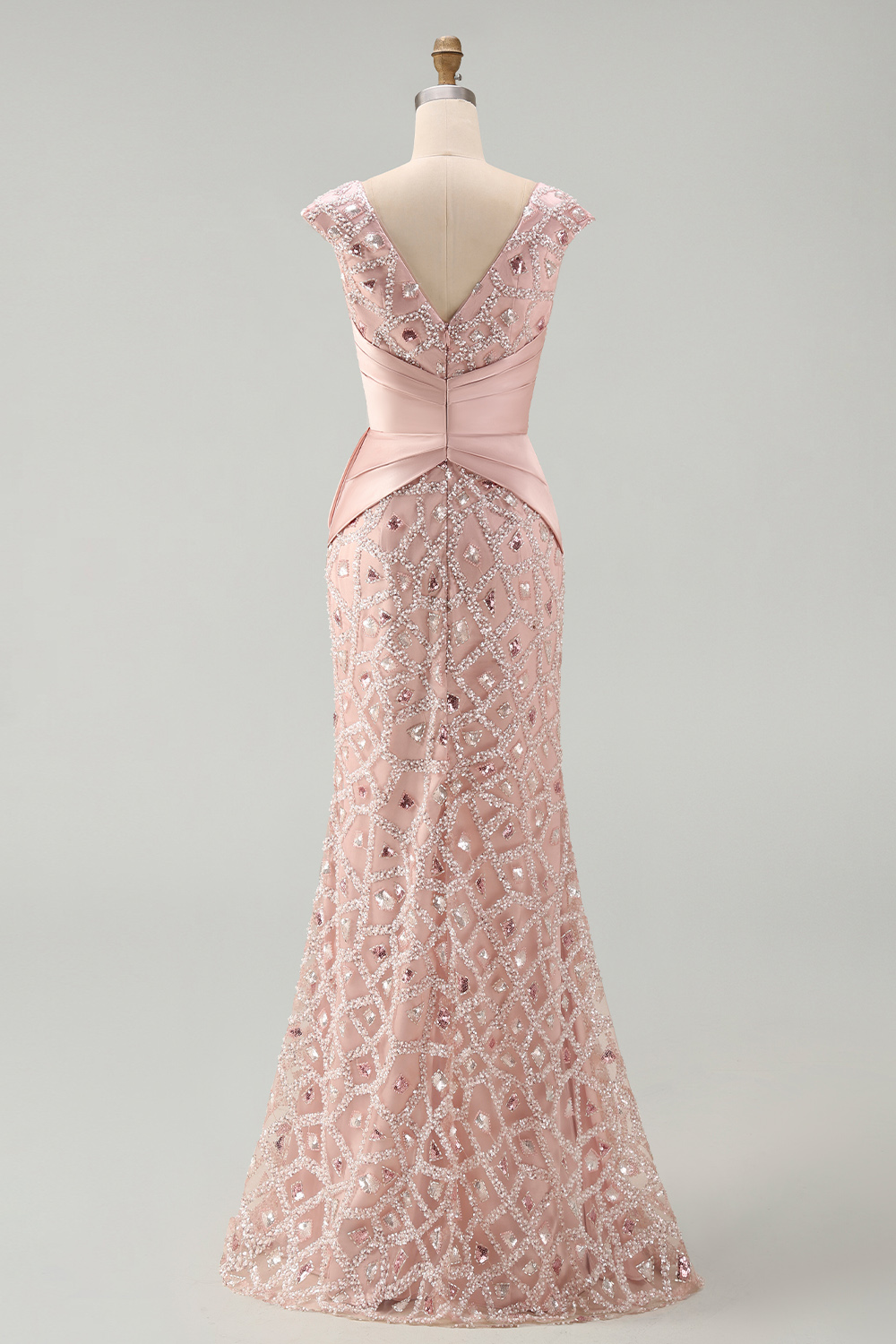 Sparkly Blush Beaded V-Neck Mermaid Ruched Long Mother of the Bride Dress