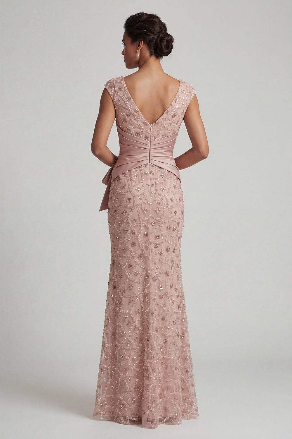 Sparkly Blush Beaded V-Neck Mermaid Ruched Long Mother of the Bride Dress