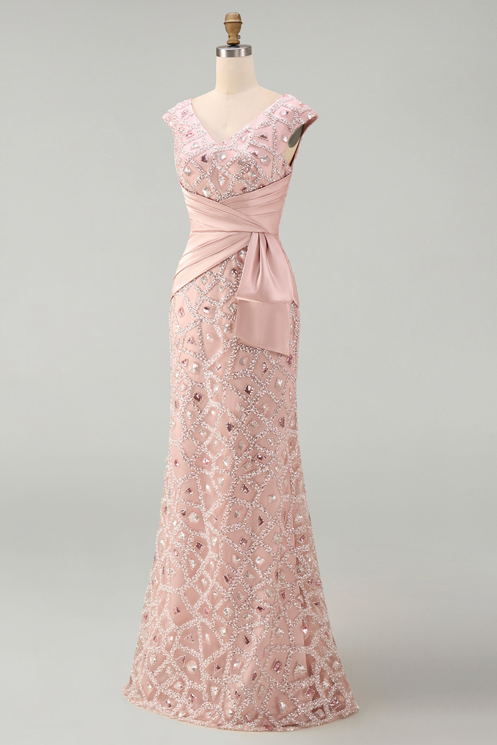 Sparkly Blush Beaded V-Neck Mermaid Ruched Long Mother of the Bride Dress
