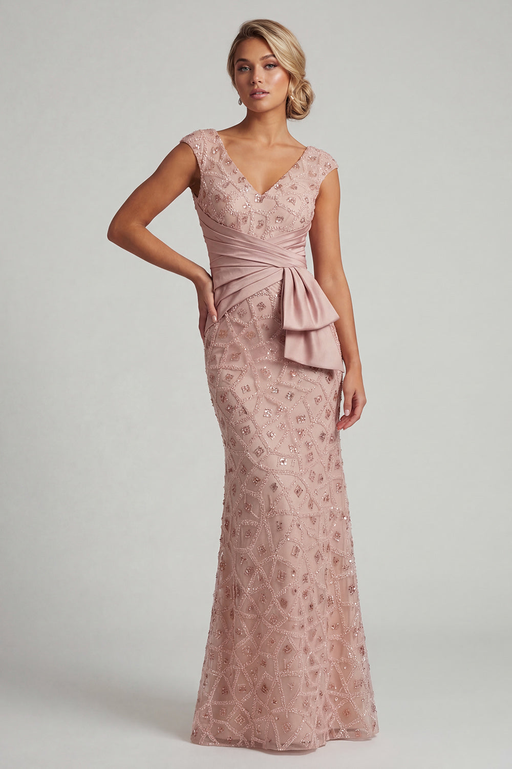Sparkly Blush Beaded V-Neck Mermaid Ruched Long Mother of the Bride Dress