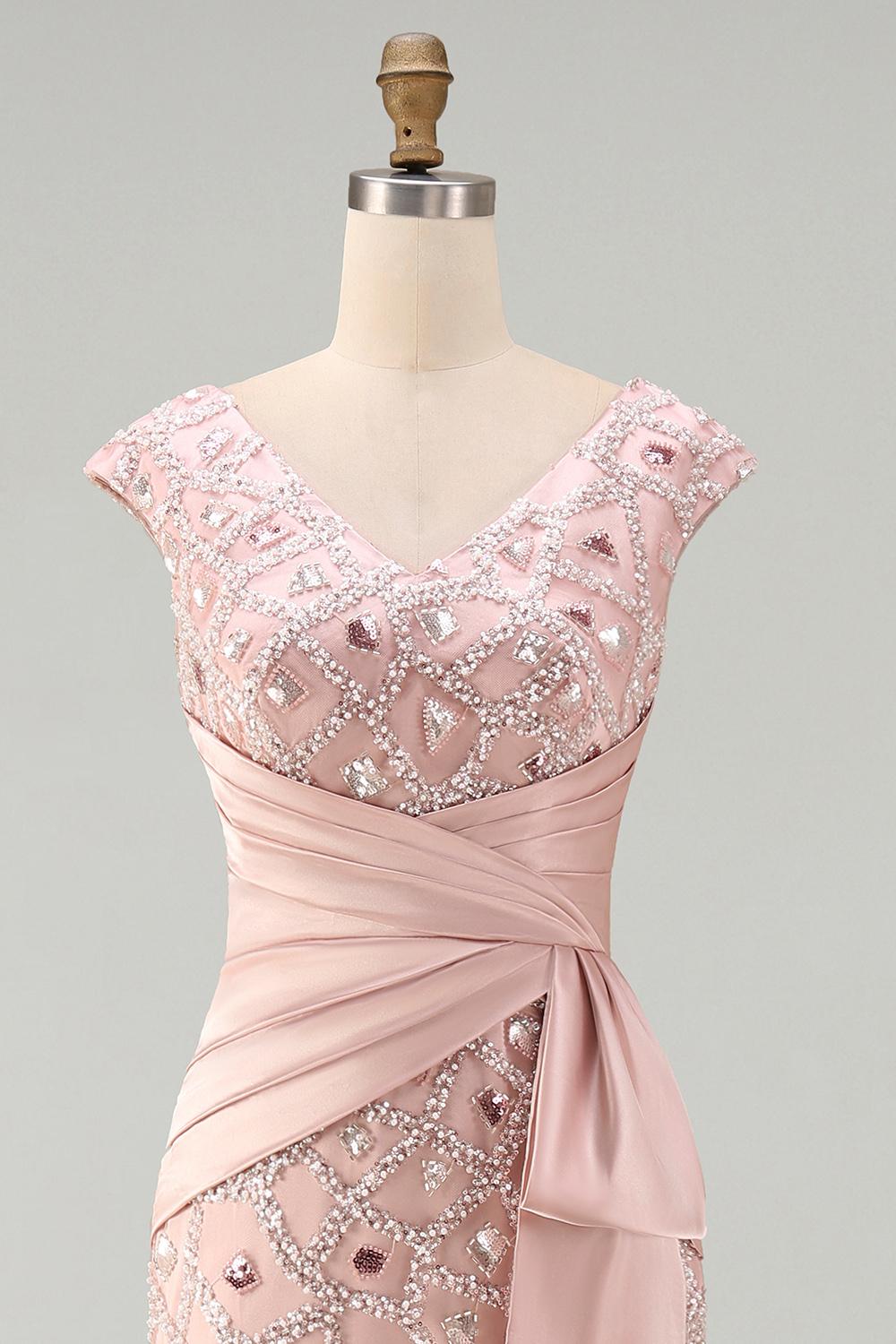 Sparkly Blush Beaded V-Neck Mermaid Ruched Long Mother of the Bride Dress