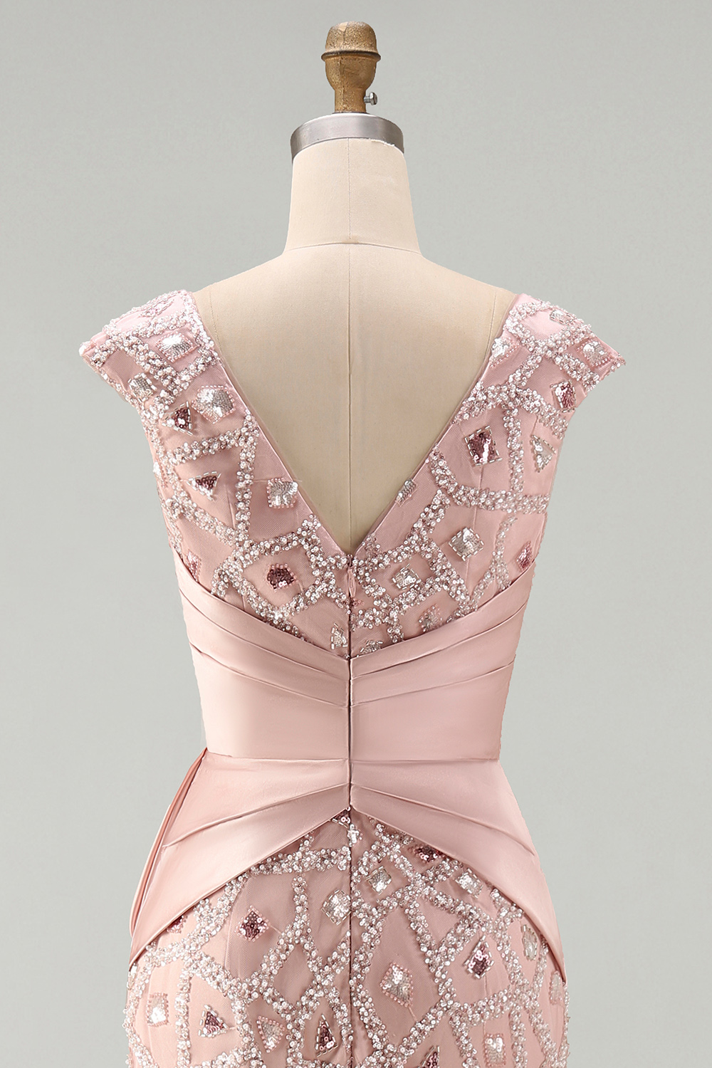Sparkly Blush Beaded V-Neck Mermaid Ruched Long Mother of the Bride Dress