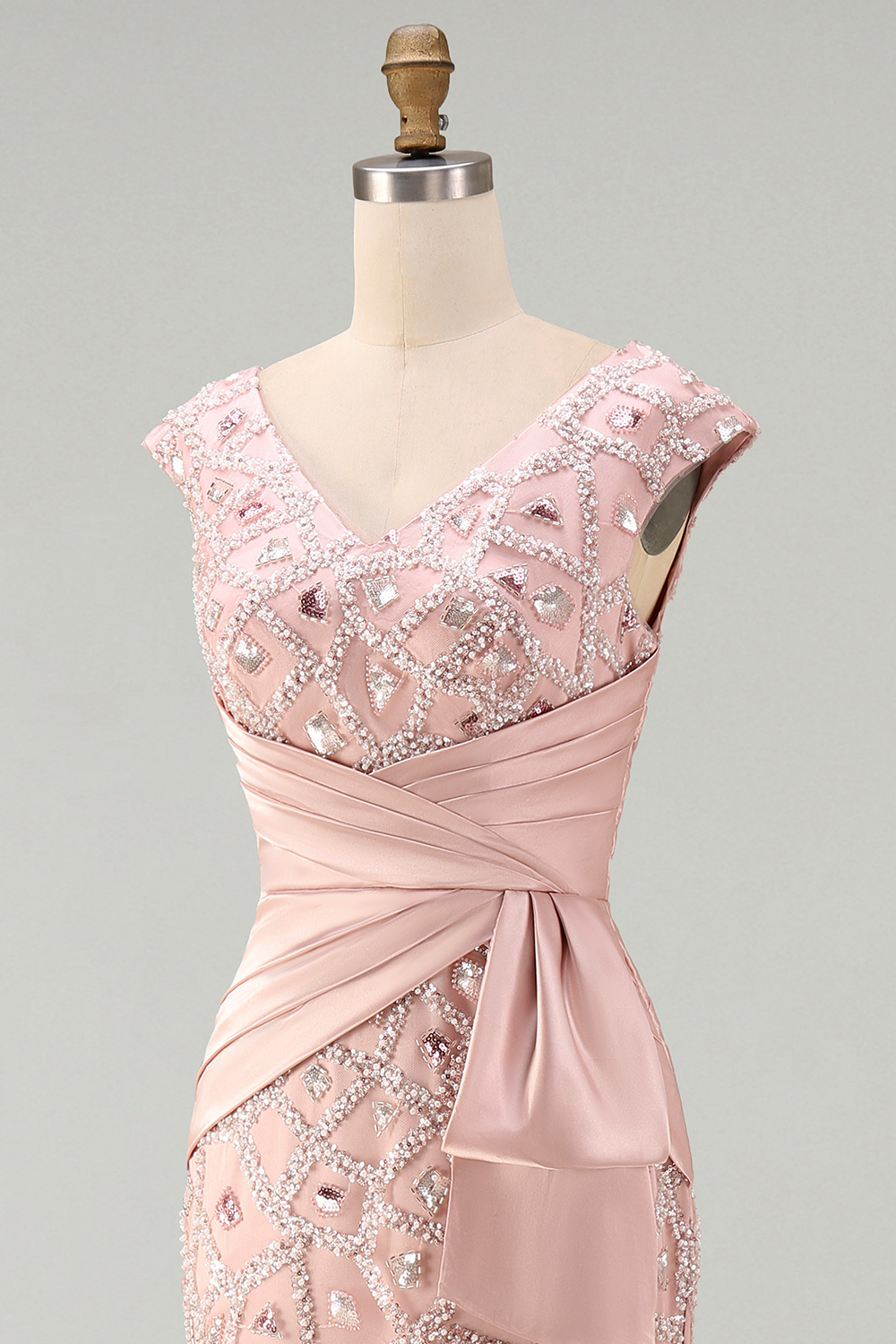 Sparkly Blush Beaded V-Neck Mermaid Ruched Long Mother of the Bride Dress