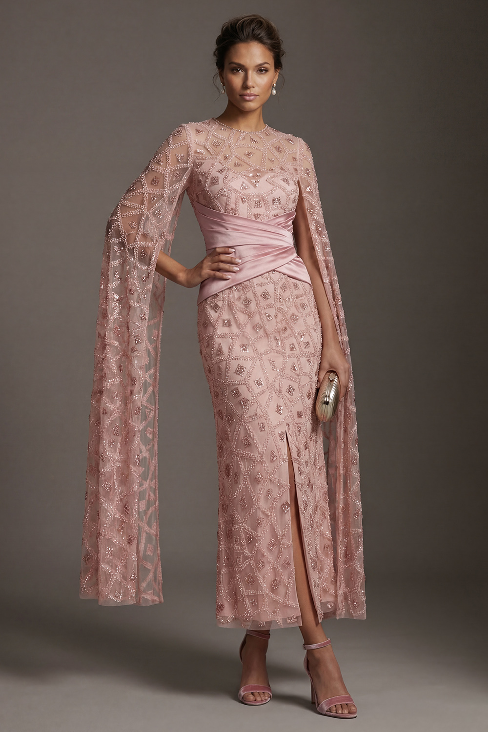 Sparkly Blush Mermaid Ruched Beaded Long Mother of the Bride Dress with Cape