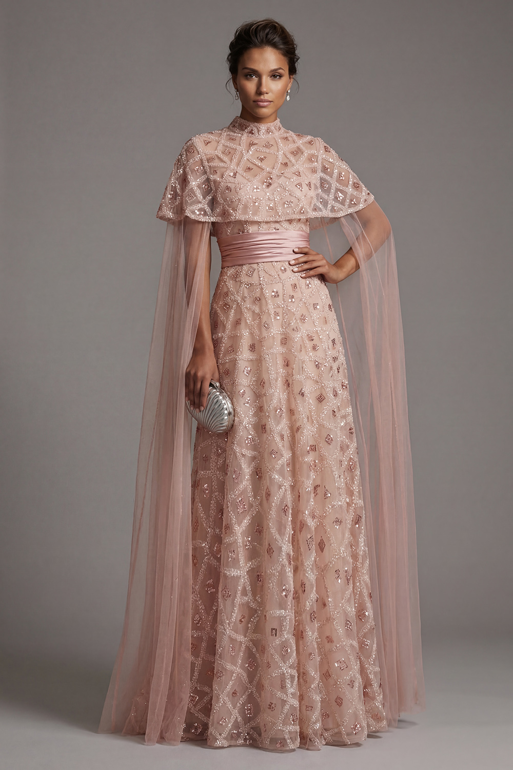 Sparkly Blush A Line Strapless Long Beaded Mother of the Bride Dress with Cape