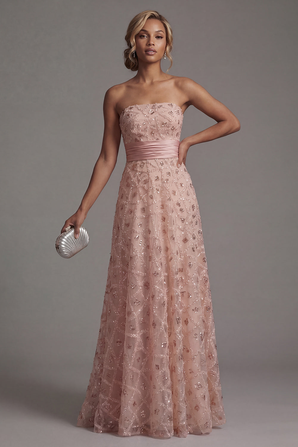 Sparkly Blush A Line Strapless Long Beaded Mother of the Bride Dress with Cape