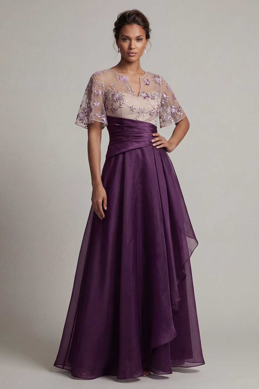 Dark Purple Floral Flutter Sleeves A Line Long Mother of the Bride Dress with Ruffles
