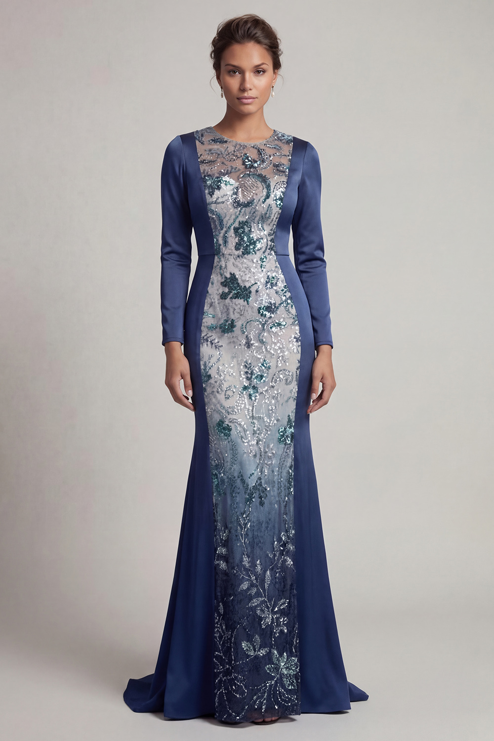 Sparkly Navy Beaded Mermaid Long Round Neck Grandmother of the Bride Dress