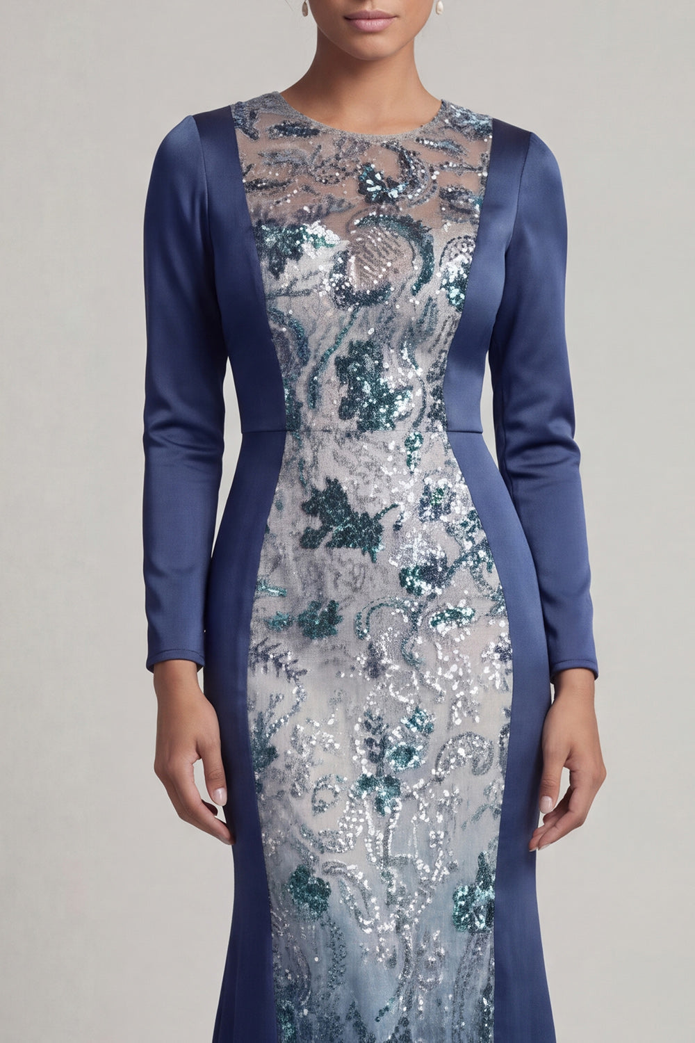 Sparkly Navy Beaded Mermaid Long Round Neck Grandmother of the Bride Dress