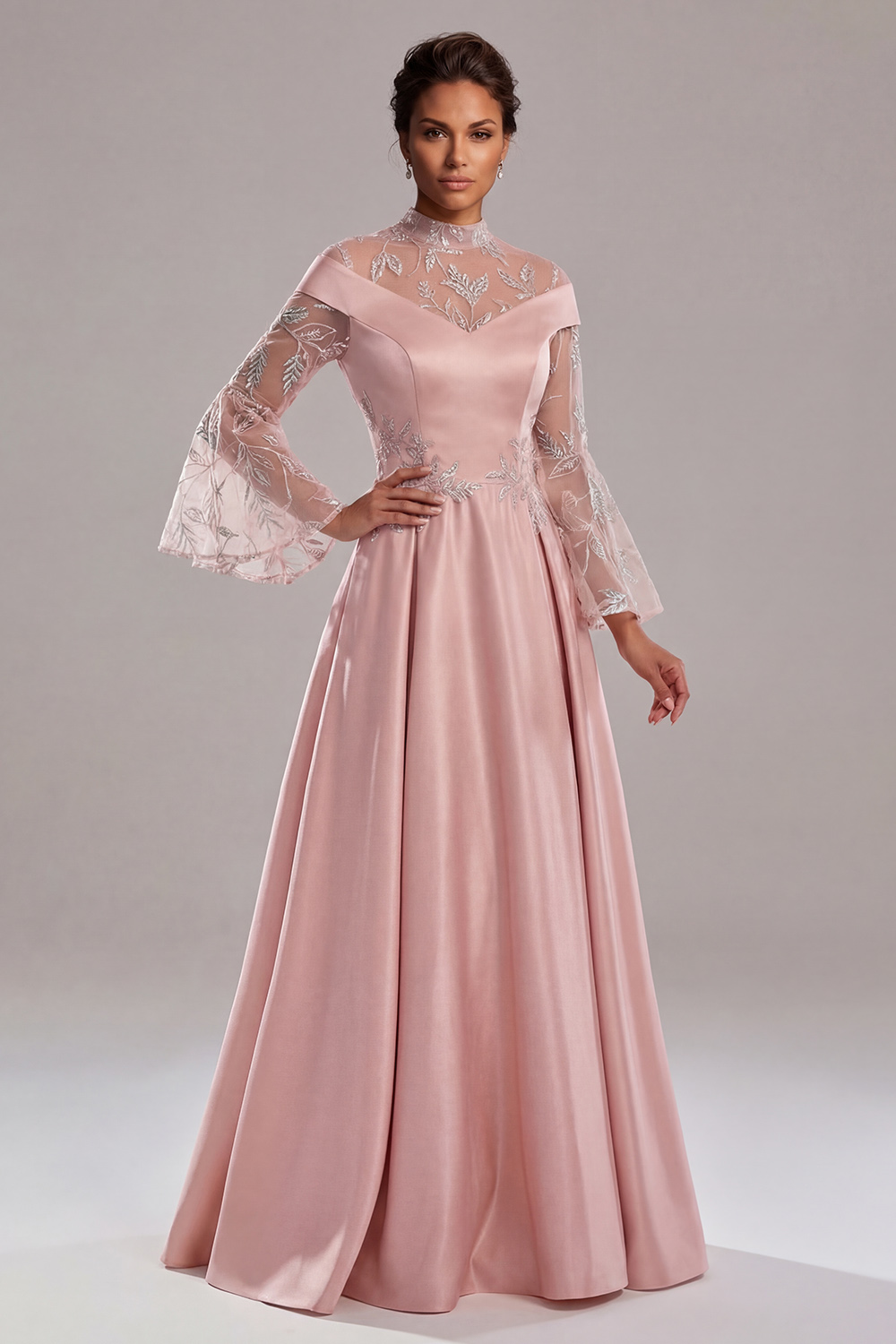 Pink Flare Sleeves Long A Line Mother of the Bride Dress