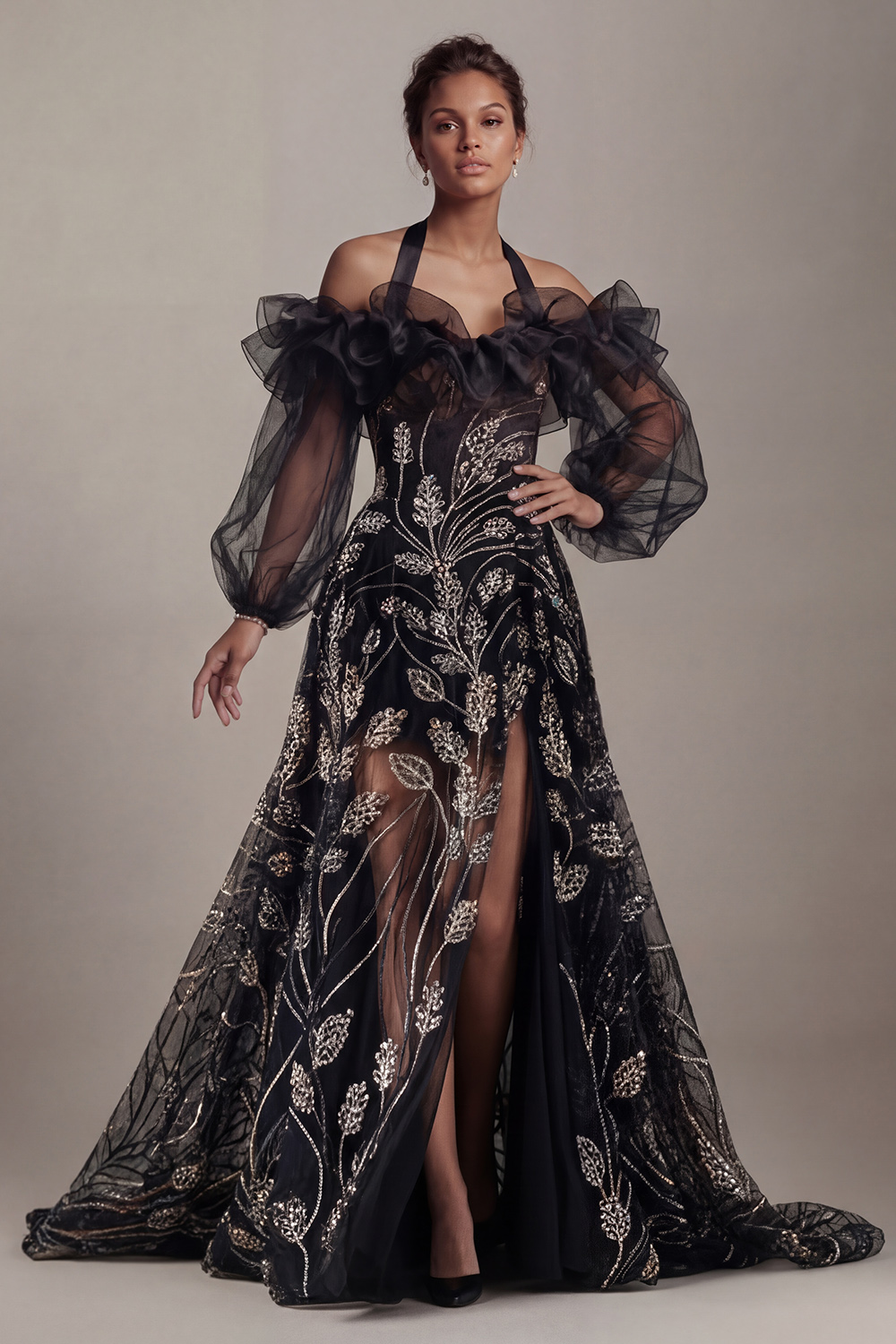 Sparkly Black Beaded Ruffled Long Halter A Line Mother of the Bride Dress with Slit